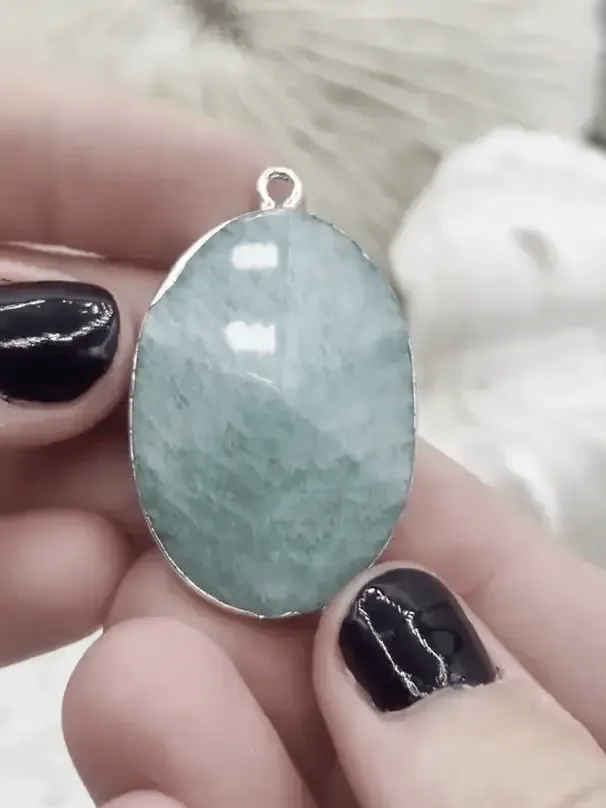 Oval Shaped Soldered Amazonite Stone Pendants, Oval Shape Stone Pendants with Silver Soldering, All Unique Natural Stones, Fast Ship.