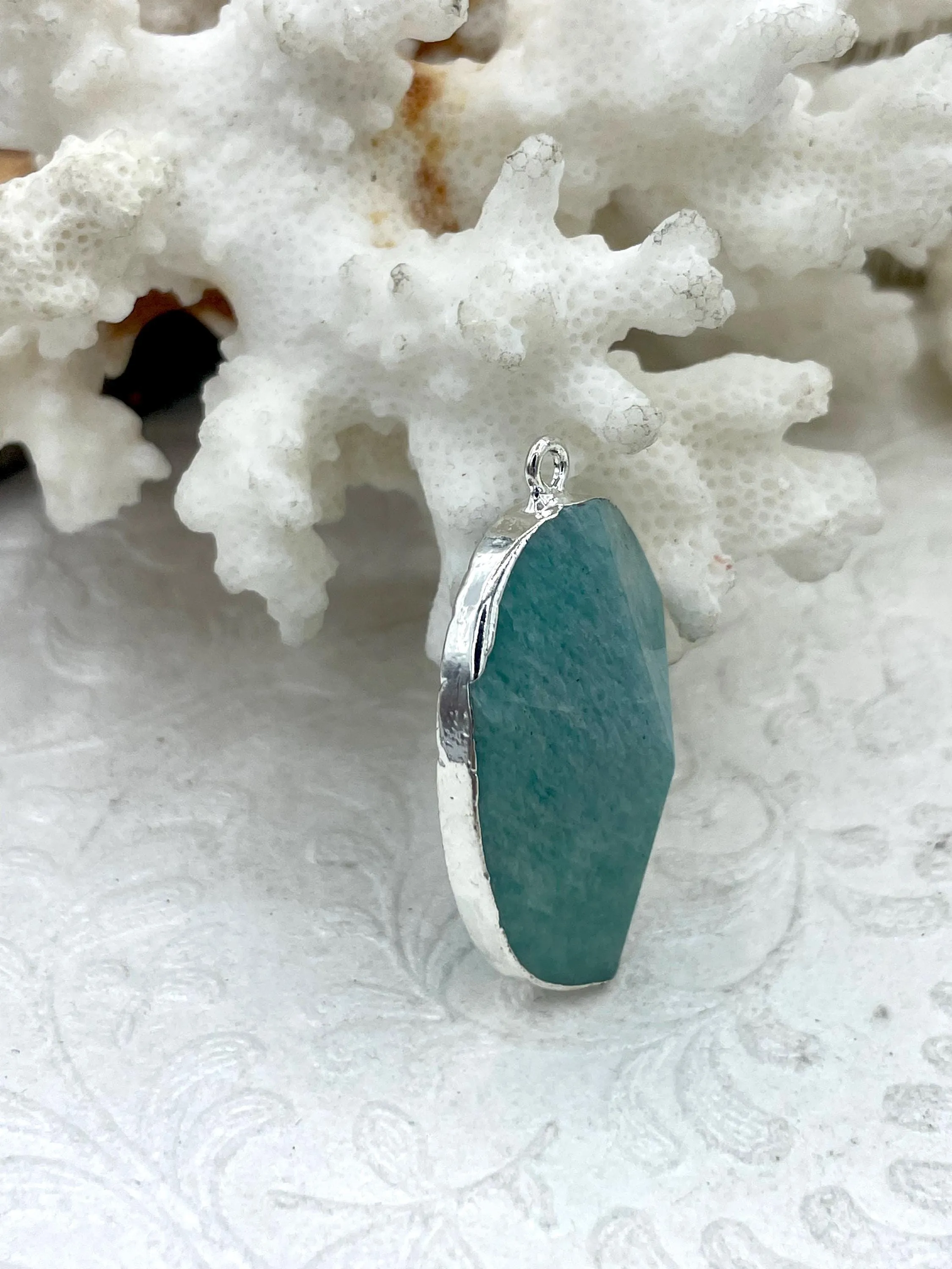 Oval Shaped Soldered Amazonite Stone Pendants, Oval Shape Stone Pendants with Silver Soldering, All Unique Natural Stones, Fast Ship.