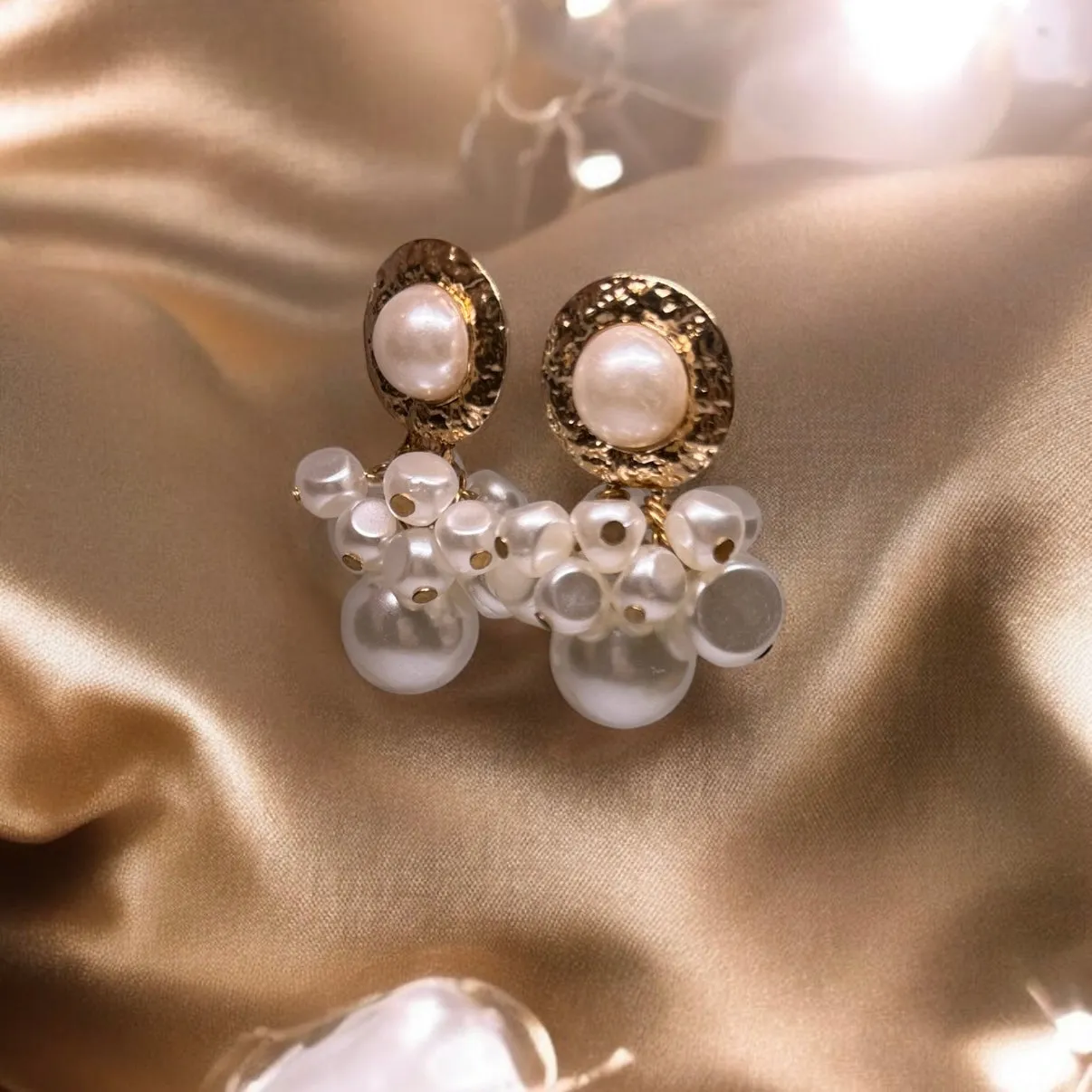 Pearl- Gold dangle earrings with pearl| crumpled hammered golden metal drop earrings | baroque style earrings | Korean style earrings