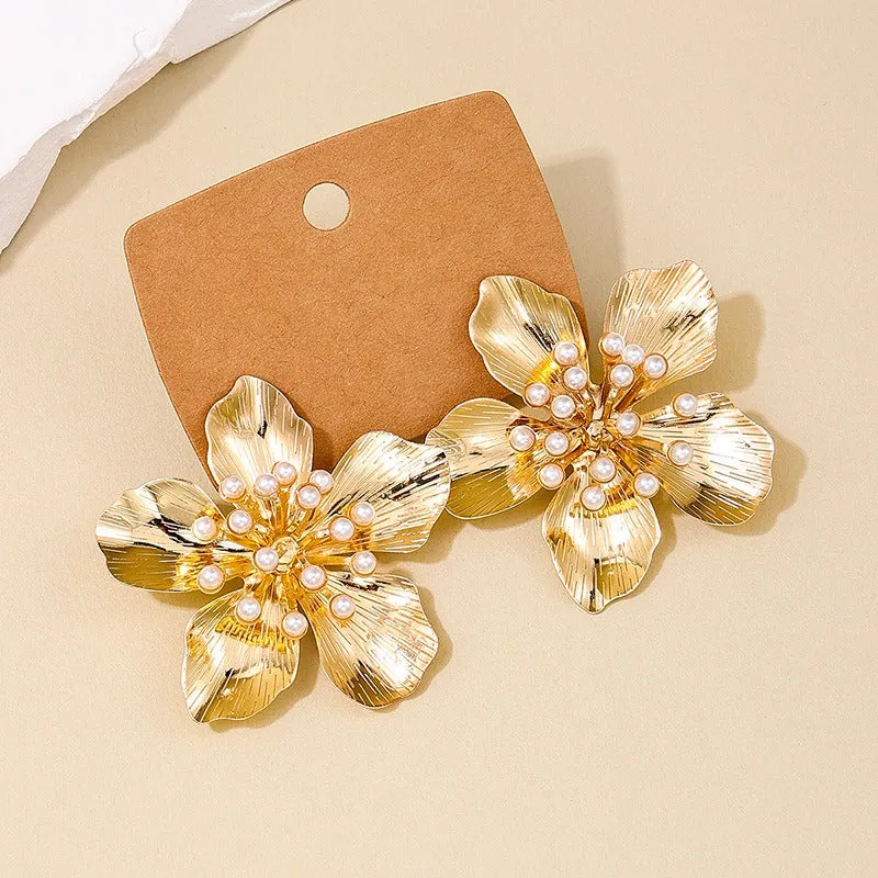 Pre Order:  Exaggerated Retro Flower Pearl Earrings