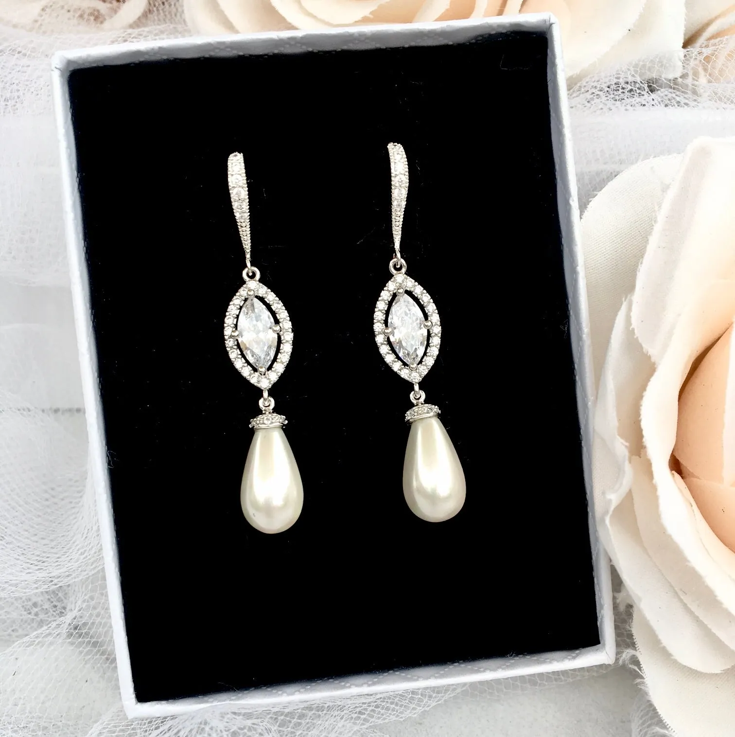 "Andiana" - Pearl and CZ Bridal Earrings - Available in Silver and Yellow Gold