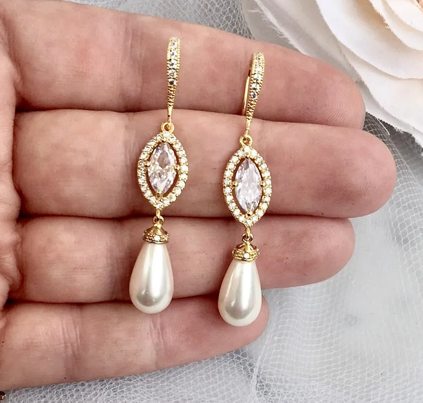 "Andiana" - Pearl and CZ Bridal Earrings - Available in Silver and Yellow Gold