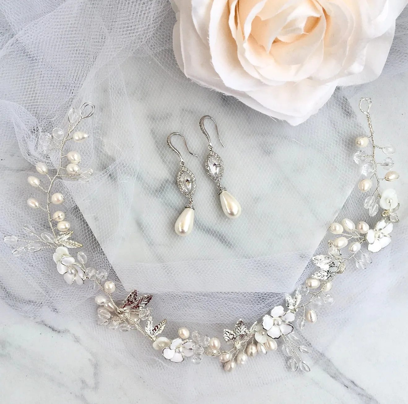 "Andiana" - Pearl and CZ Bridal Earrings - Available in Silver and Yellow Gold