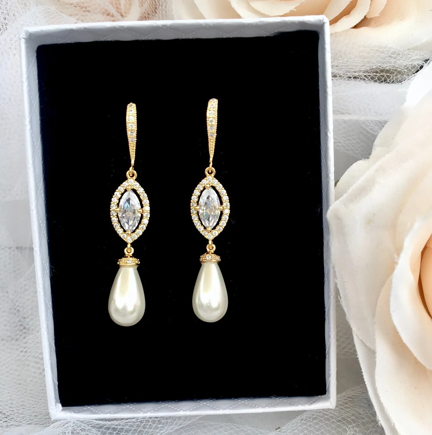 "Andiana" - Pearl and CZ Bridal Earrings - Available in Silver and Yellow Gold