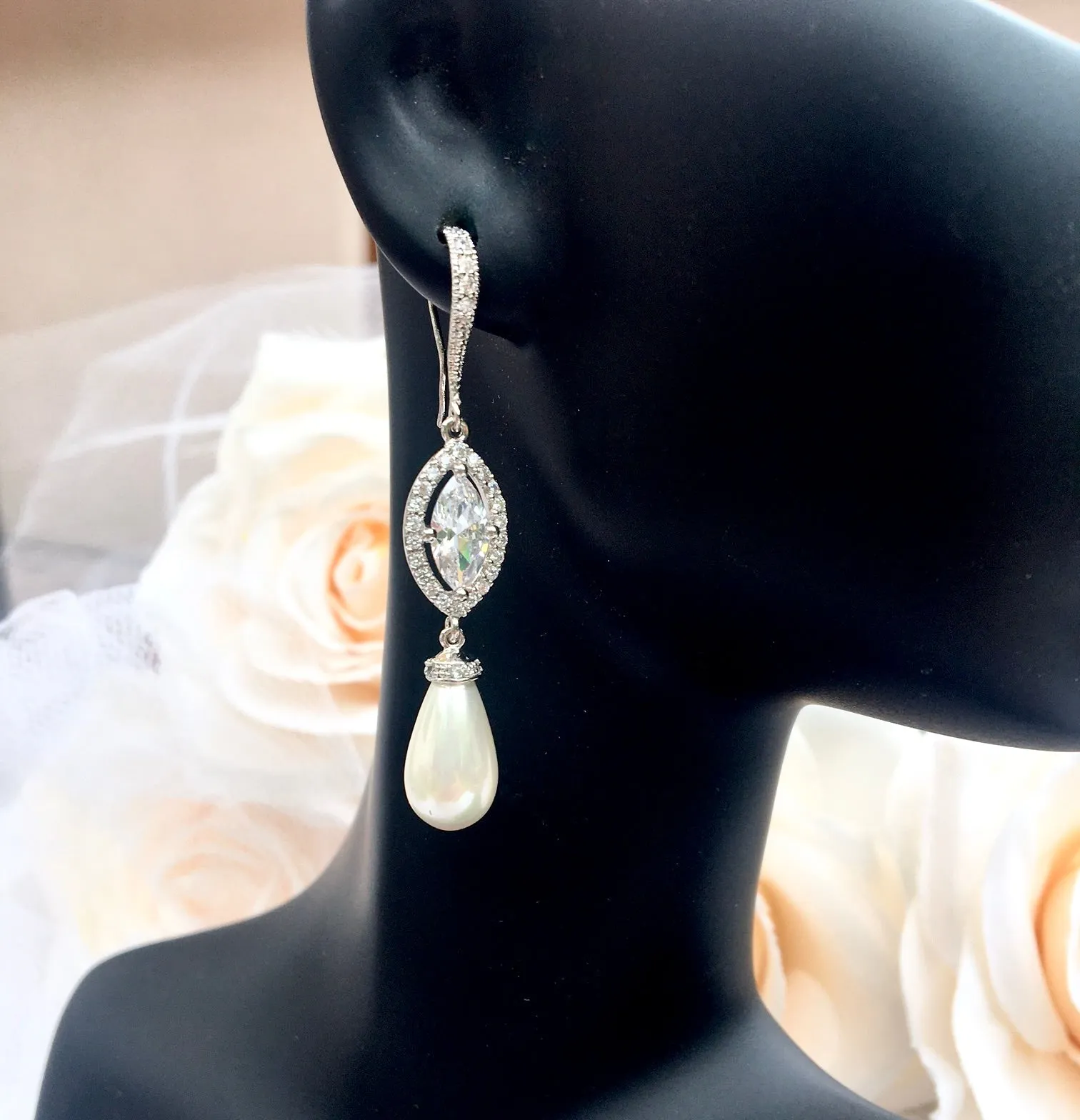 "Andiana" - Pearl and CZ Bridal Earrings - Available in Silver and Yellow Gold