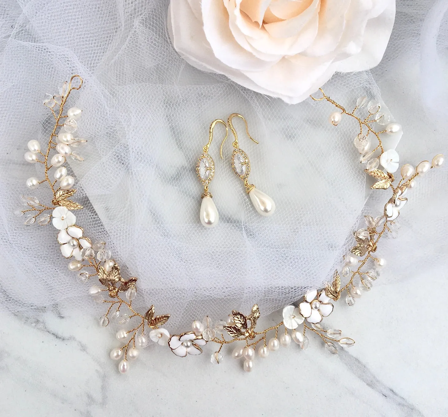 "Andiana" - Pearl and CZ Bridal Earrings - Available in Silver and Yellow Gold