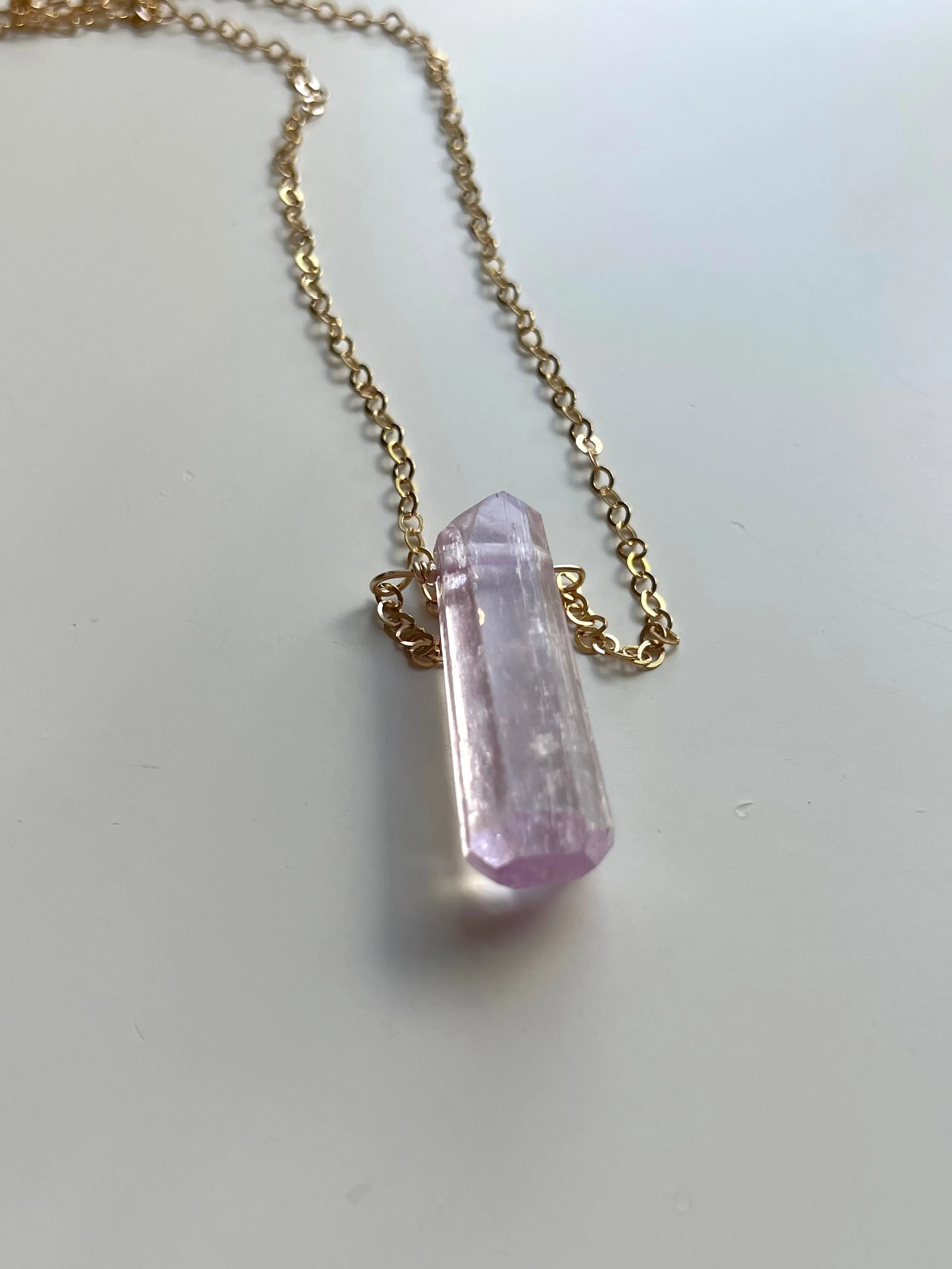 Raw Kunzite Crystal Point Pendant Necklace