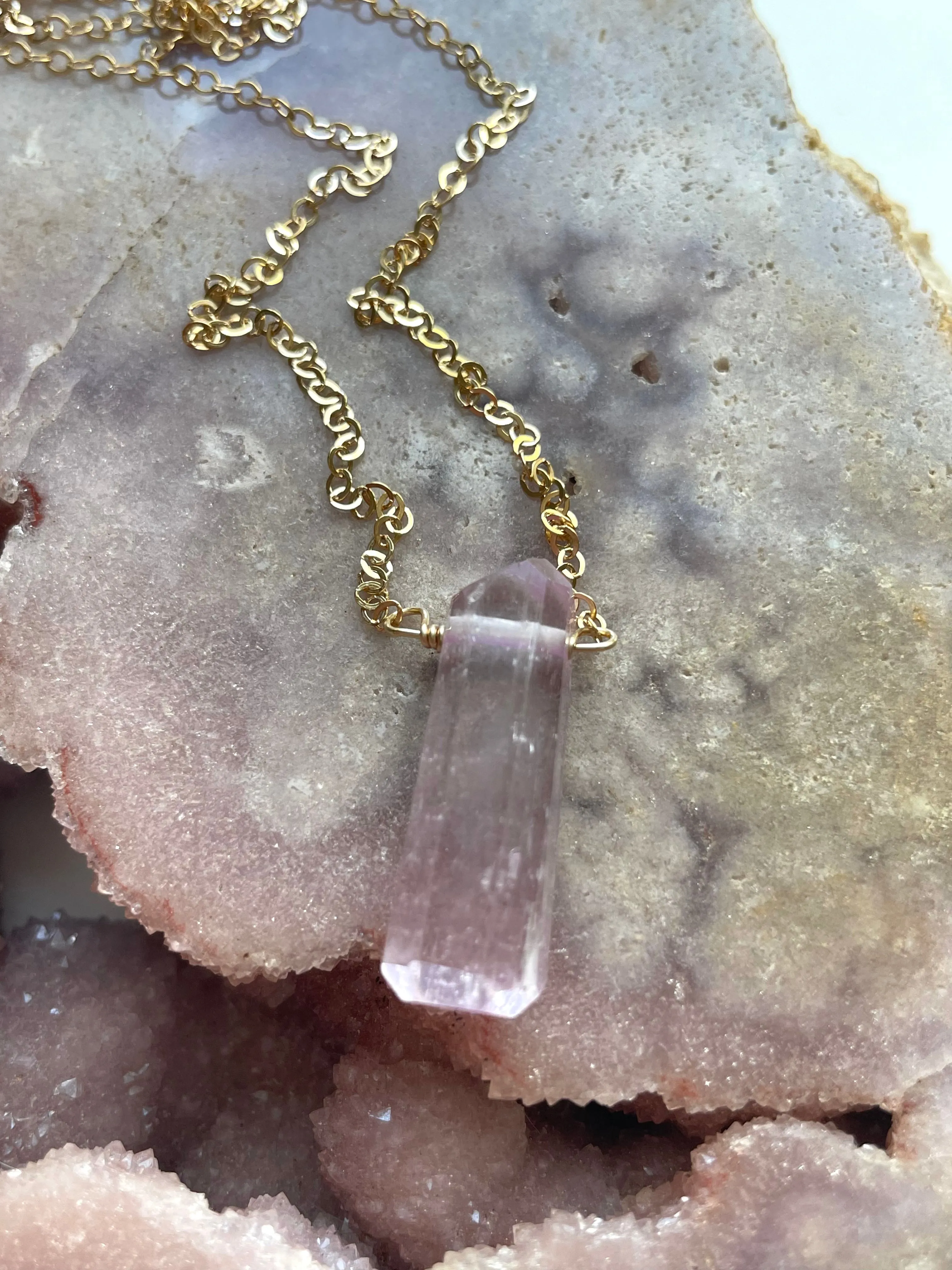 Raw Kunzite Crystal Point Pendant Necklace