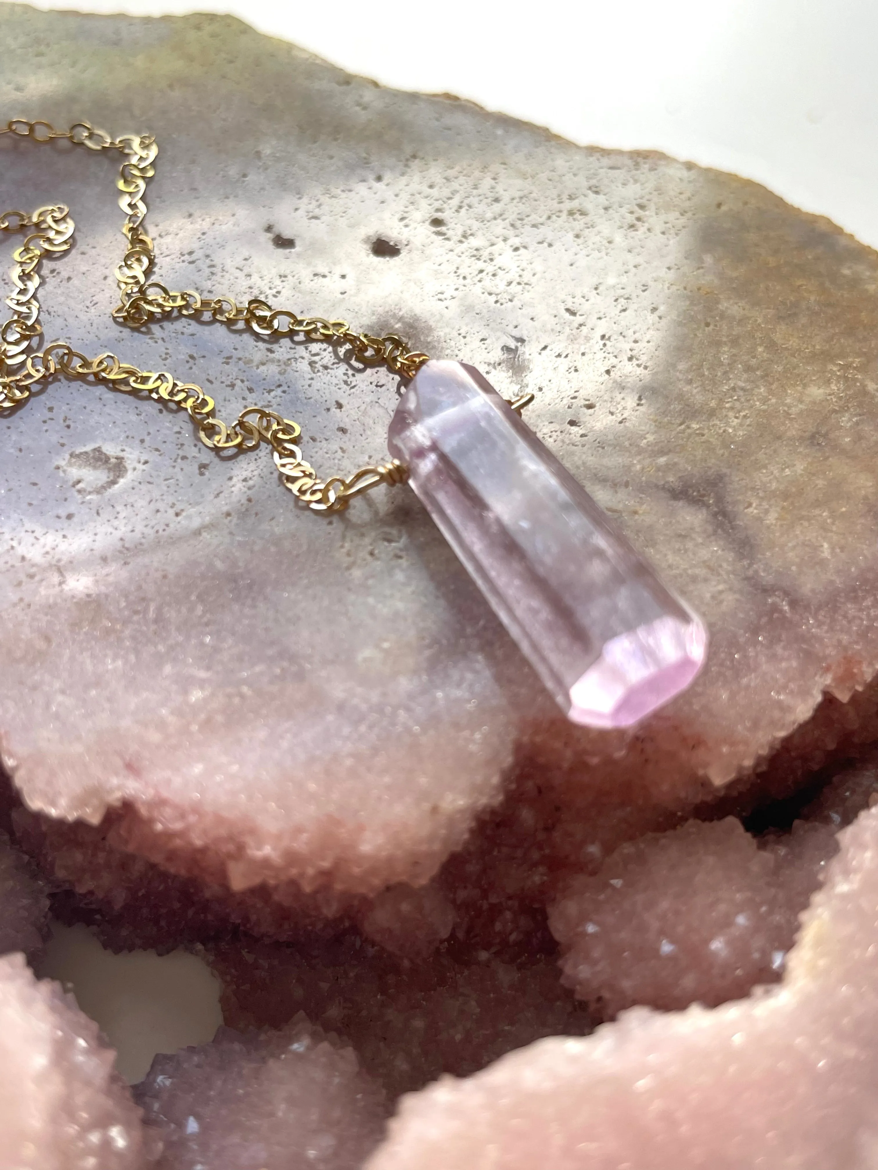 Raw Kunzite Crystal Point Pendant Necklace