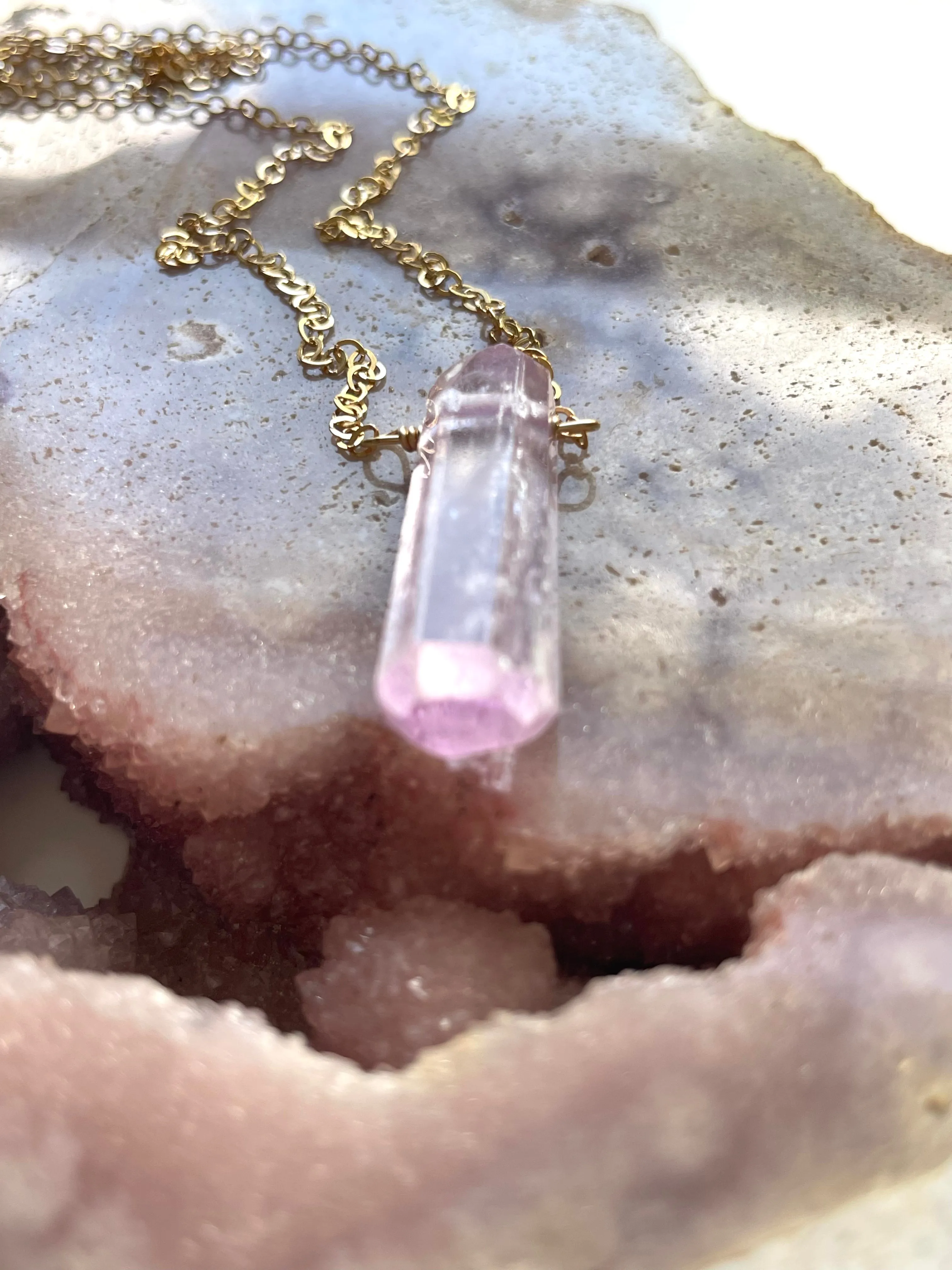 Raw Kunzite Crystal Point Pendant Necklace