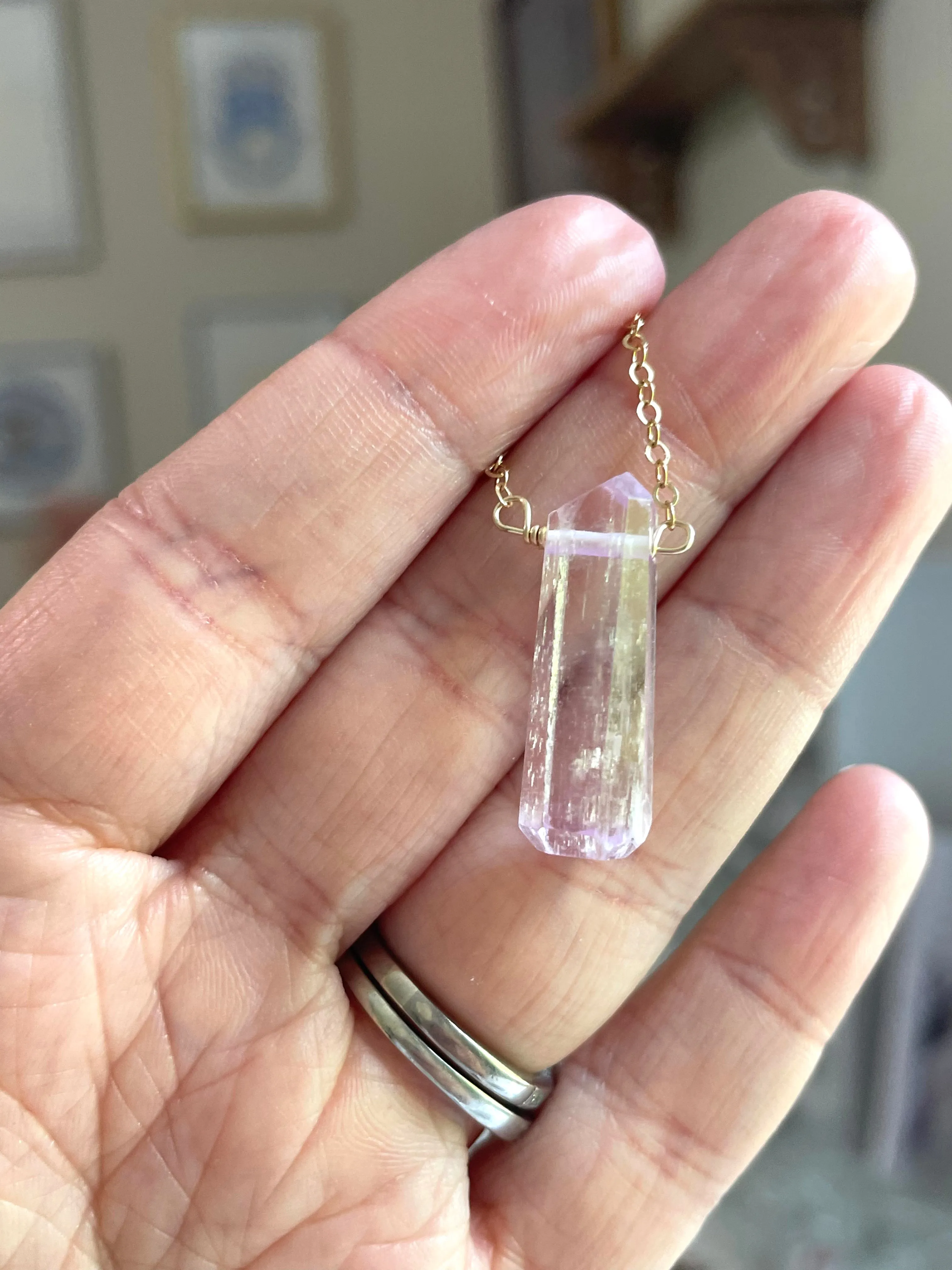 Raw Kunzite Crystal Point Pendant Necklace