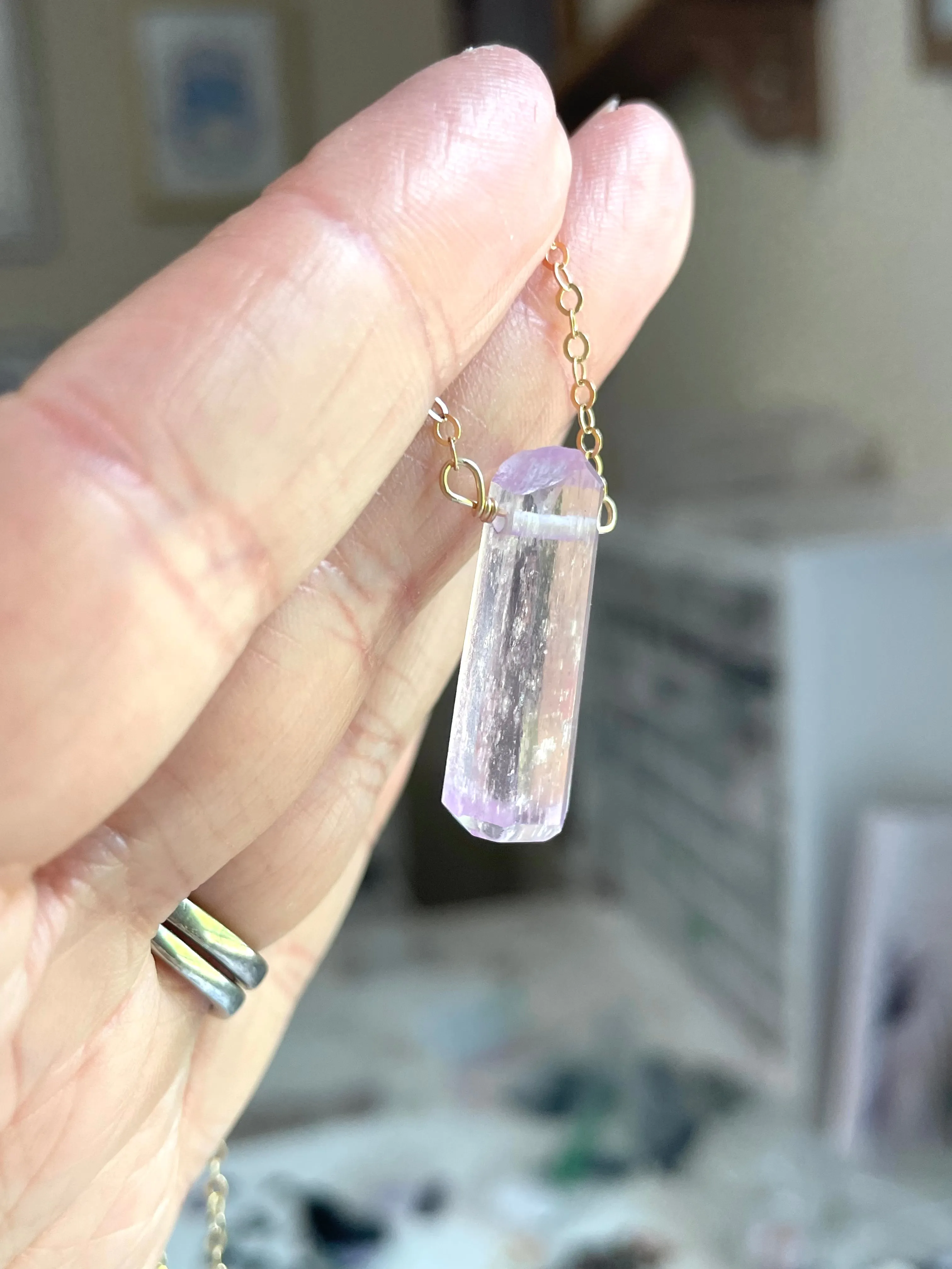 Raw Kunzite Crystal Point Pendant Necklace