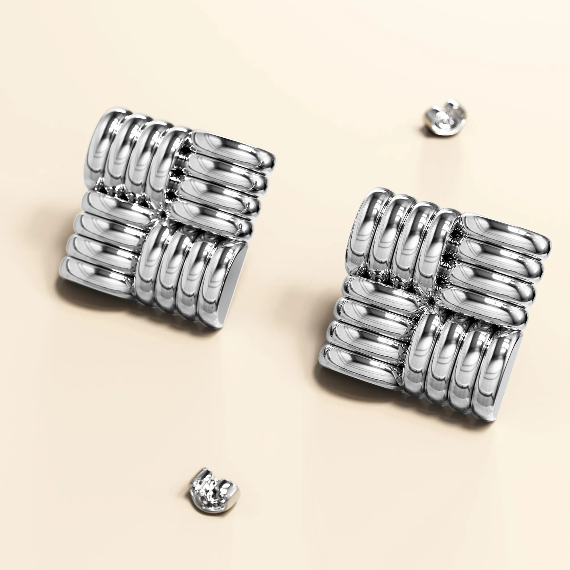 Ridged Square White Gold layered Stud Earrings