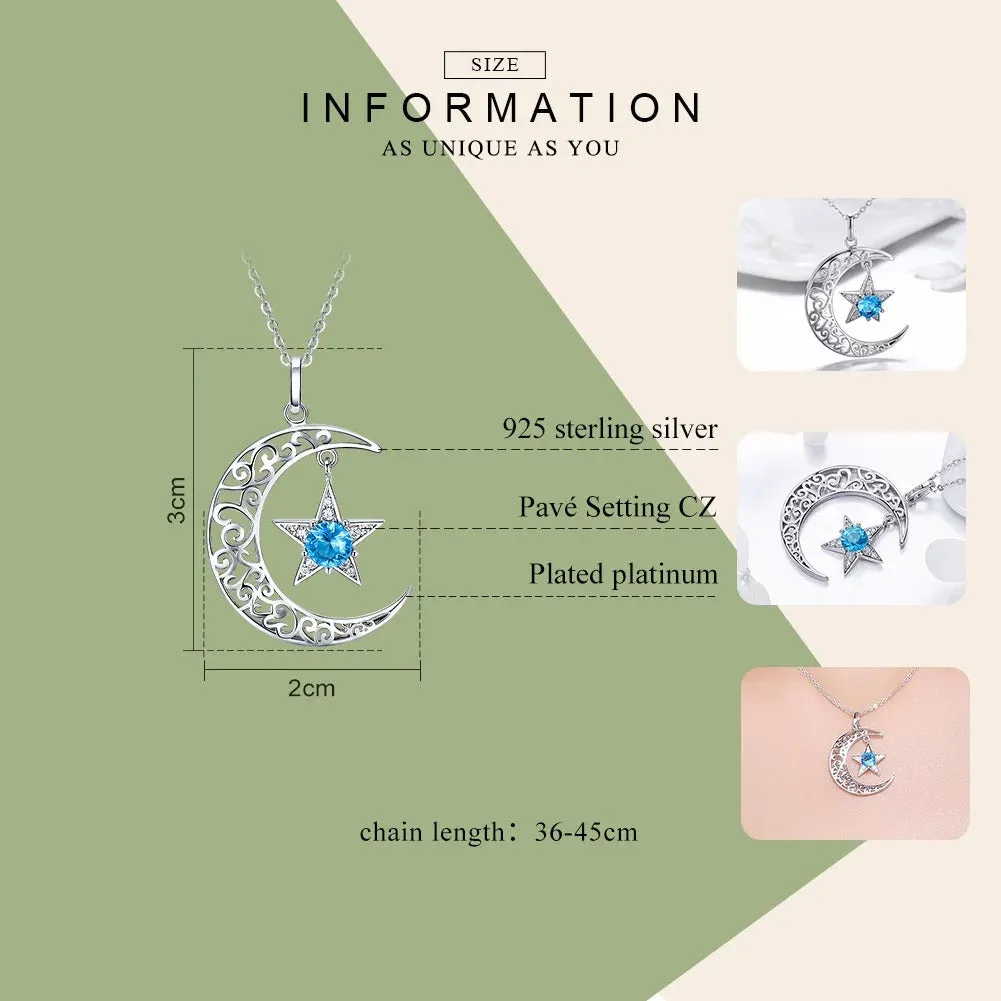 Romantic 925 Sterling Silver Sparkling Moon And Star Necklaces Pendants for Women Fashion Necklace Jewelry Gift