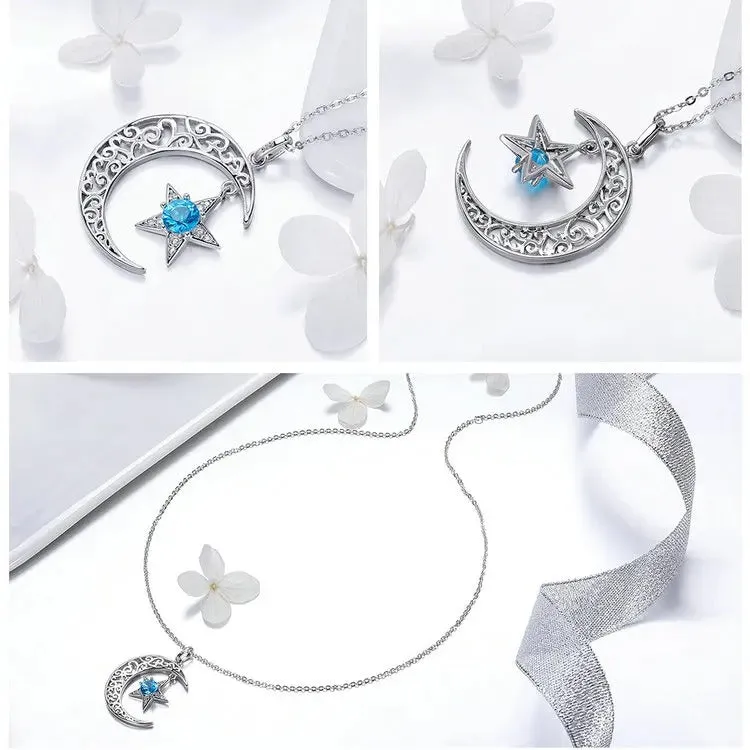 Romantic 925 Sterling Silver Sparkling Moon And Star Necklaces Pendants for Women Fashion Necklace Jewelry Gift