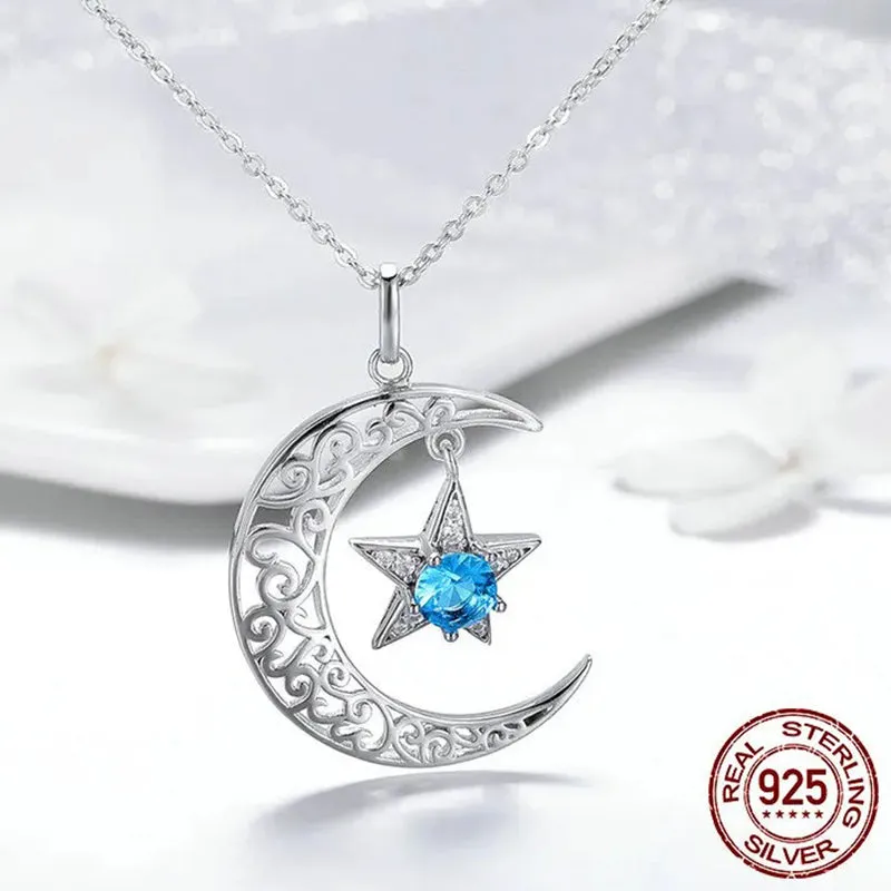 Romantic 925 Sterling Silver Sparkling Moon And Star Necklaces Pendants for Women Fashion Necklace Jewelry Gift