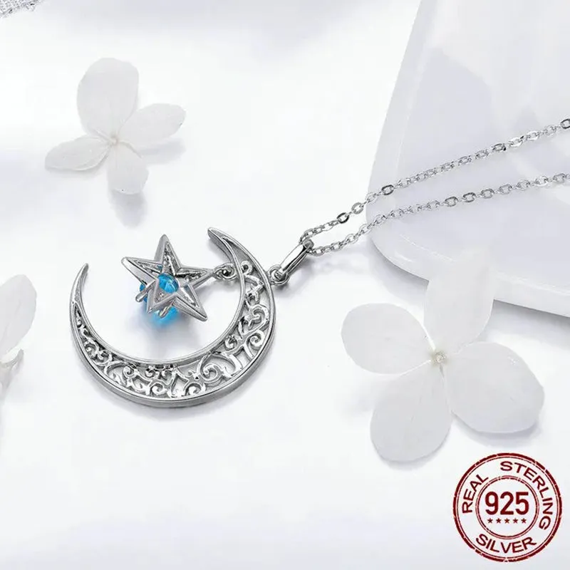 Romantic 925 Sterling Silver Sparkling Moon And Star Necklaces Pendants for Women Fashion Necklace Jewelry Gift