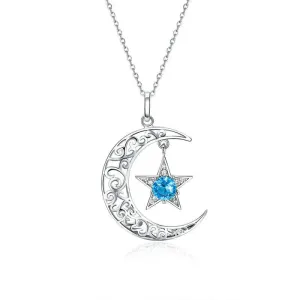 Romantic 925 Sterling Silver Sparkling Moon And Star Necklaces Pendants for Women Fashion Necklace Jewelry Gift