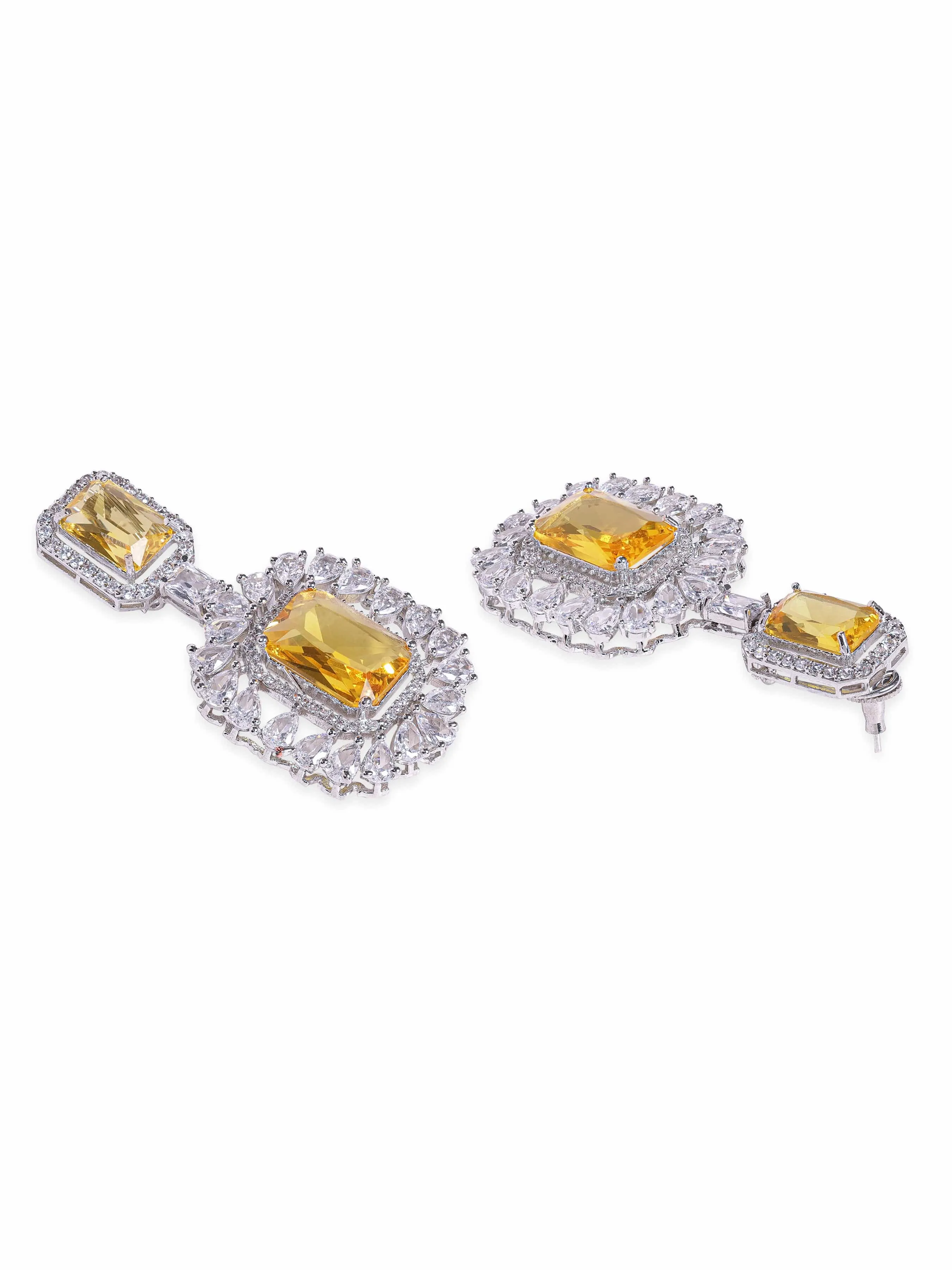 Rubans Rhodium plated AAA Cubic Zirconia Yellow Sapphire studded Statement Dangle Earring