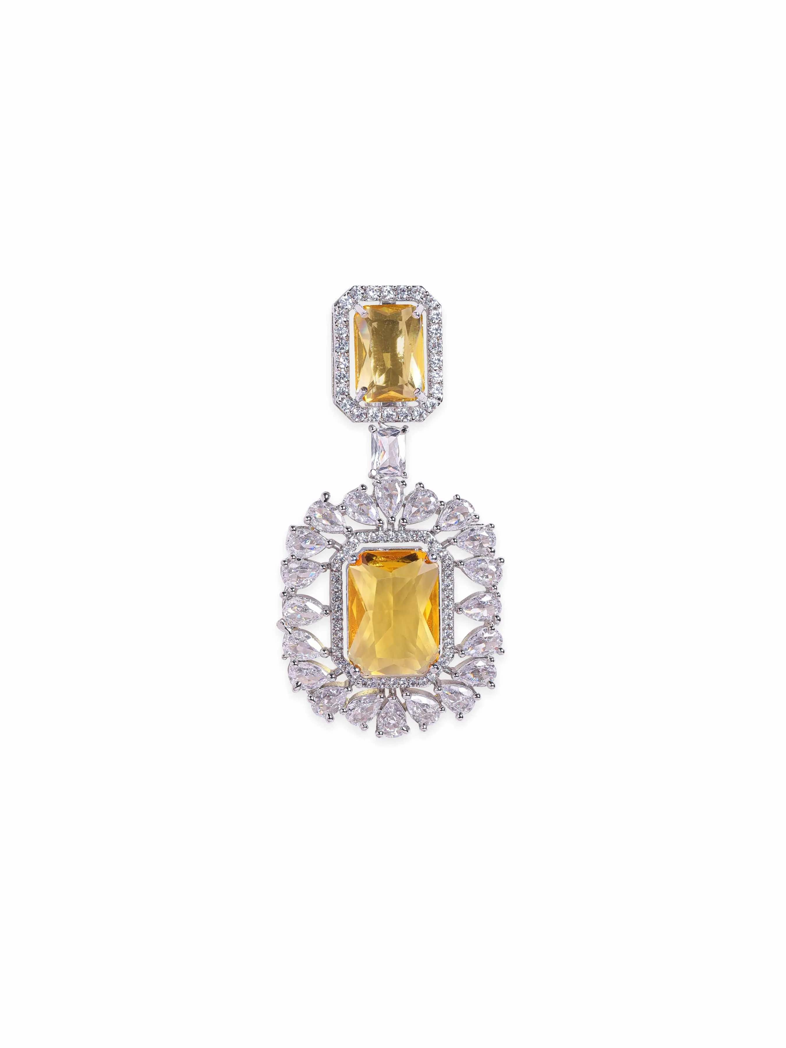 Rubans Rhodium plated AAA Cubic Zirconia Yellow Sapphire studded Statement Dangle Earring