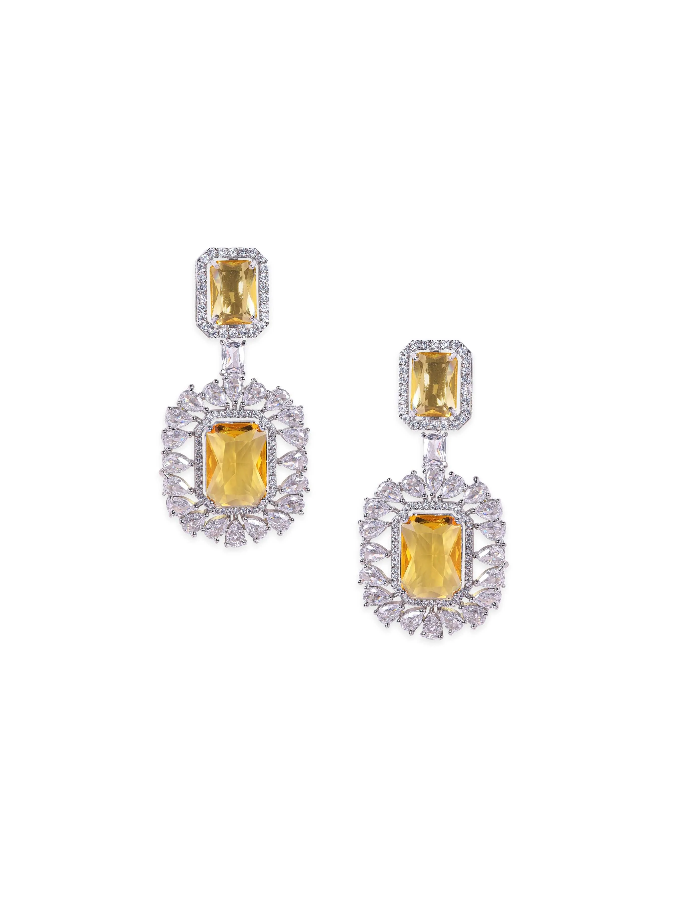 Rubans Rhodium plated AAA Cubic Zirconia Yellow Sapphire studded Statement Dangle Earring