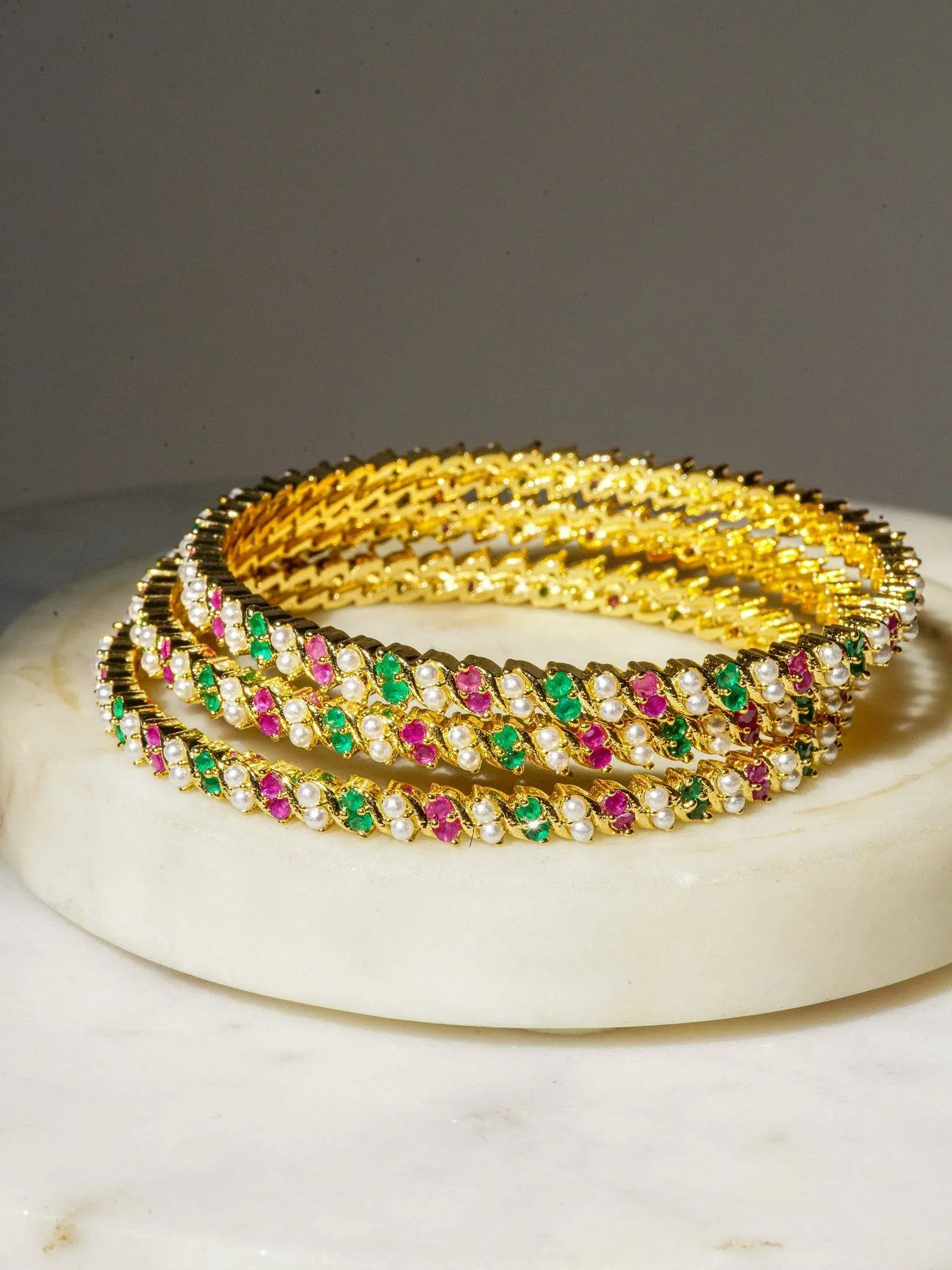 Sara - Gold Plated Diamante Accent AD Multicolor Bangle Set (9 PC)