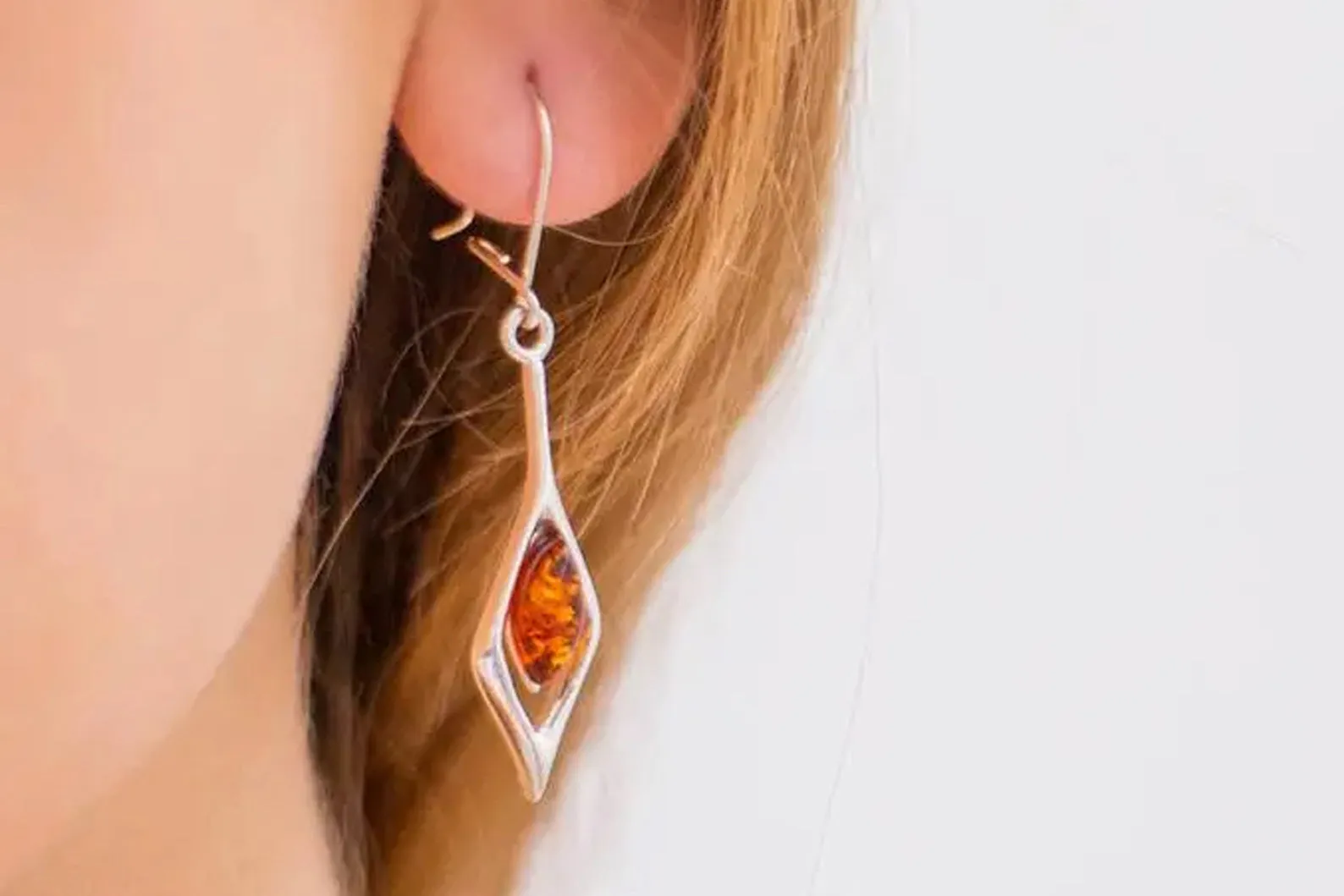 Small Droplet Amber Dangle Earrings | Elegant Sterling Silver & Baltic Amber Jewelry