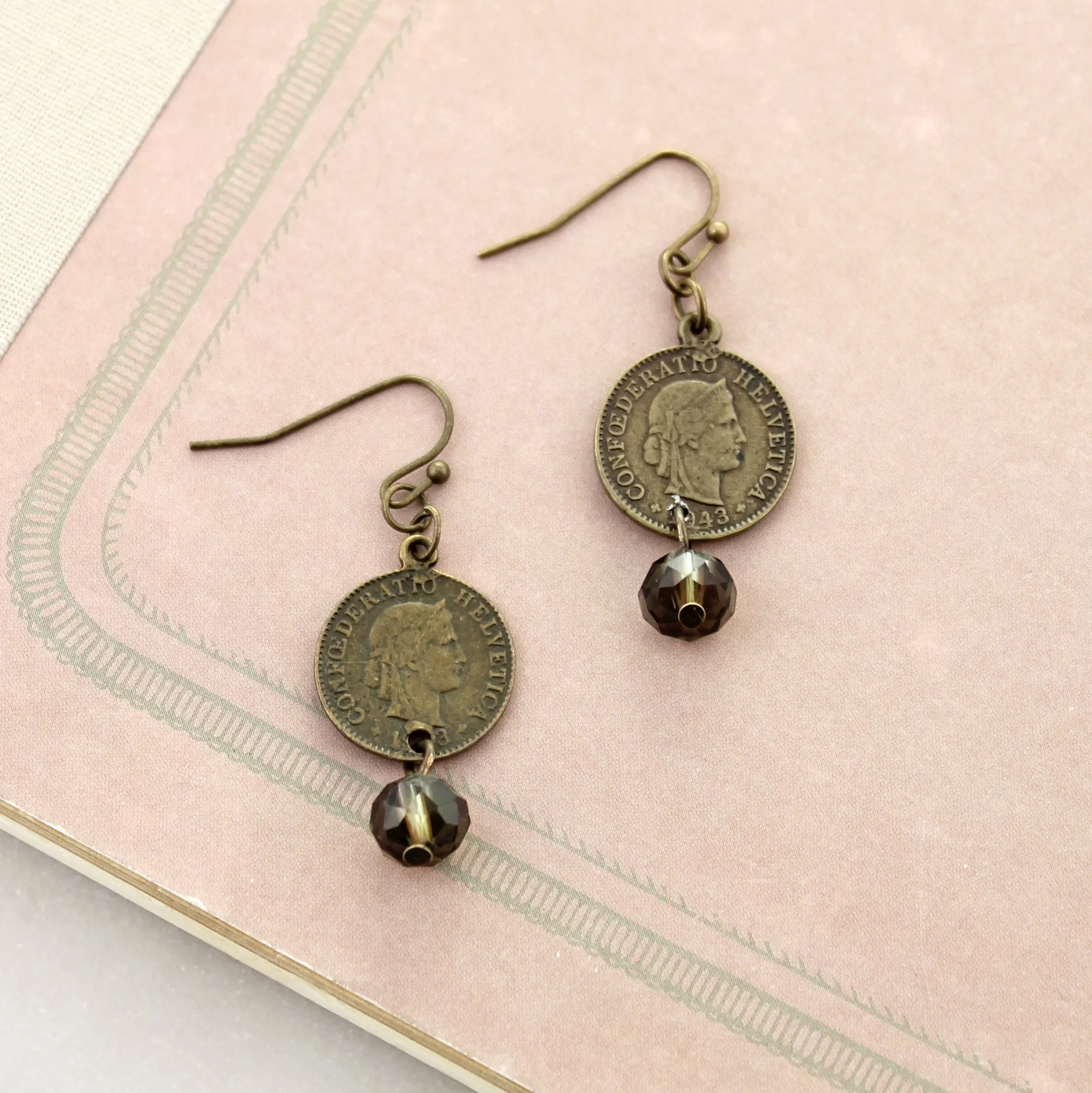 Smokey Taupe Crystal & Coin Earrings