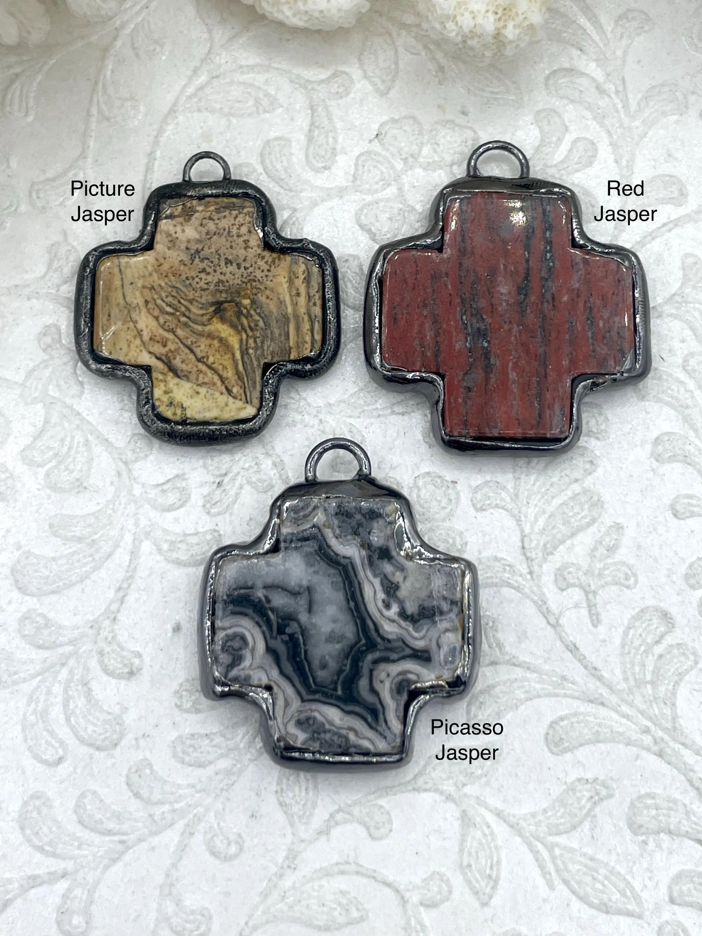 Soldered Natural Stone Pendants, Cross Shaped Stone Pendants with Gunmetal Soldering, 3 Natural Stone Types, Stone Pendants. Fast Ship.