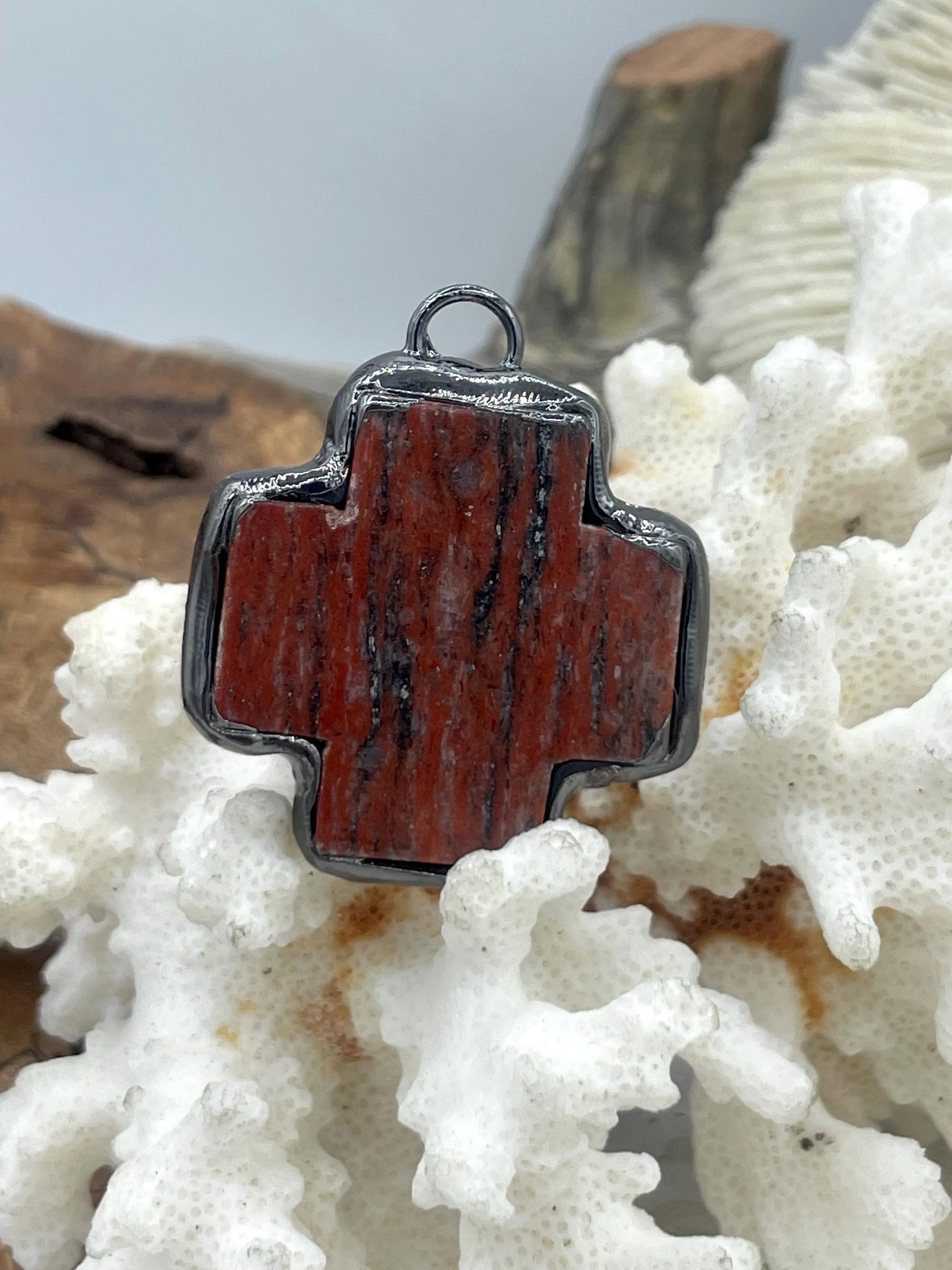 Soldered Natural Stone Pendants, Cross Shaped Stone Pendants with Gunmetal Soldering, 3 Natural Stone Types, Stone Pendants. Fast Ship.