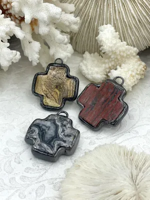 Soldered Natural Stone Pendants, Cross Shaped Stone Pendants with Gunmetal Soldering, 3 Natural Stone Types, Stone Pendants. Fast Ship.