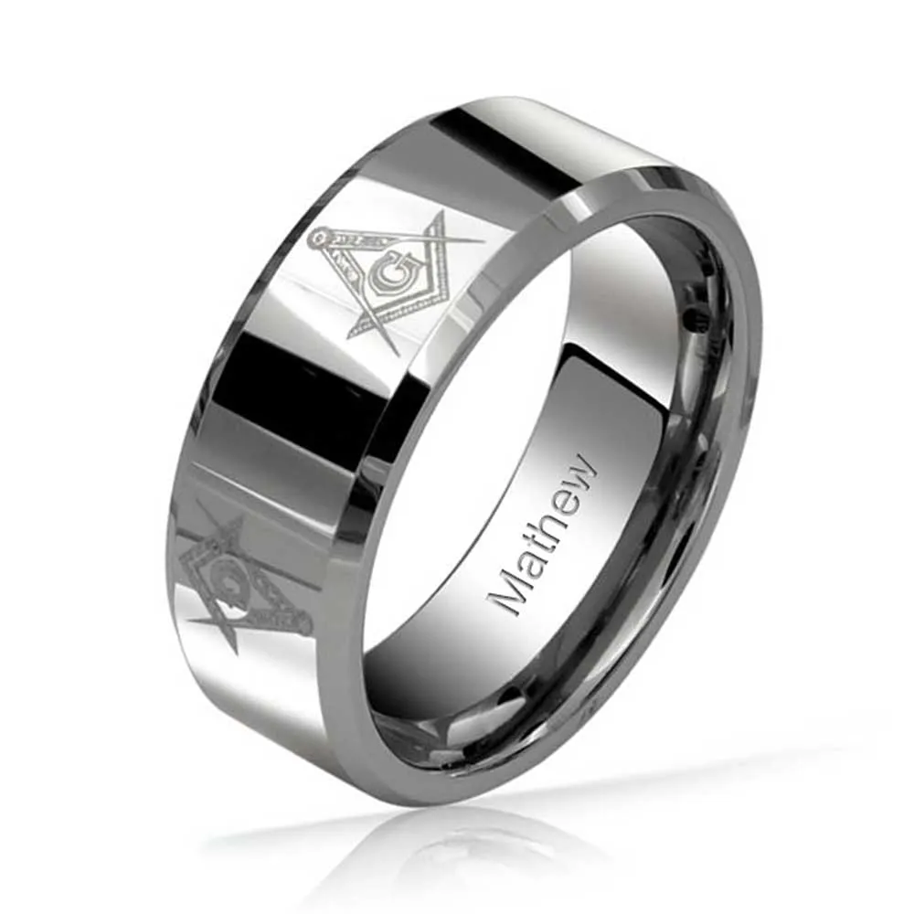 Square & Compass Freemason Tungsten Wedding Band Ring for Men Silver Tone Comfort Fit