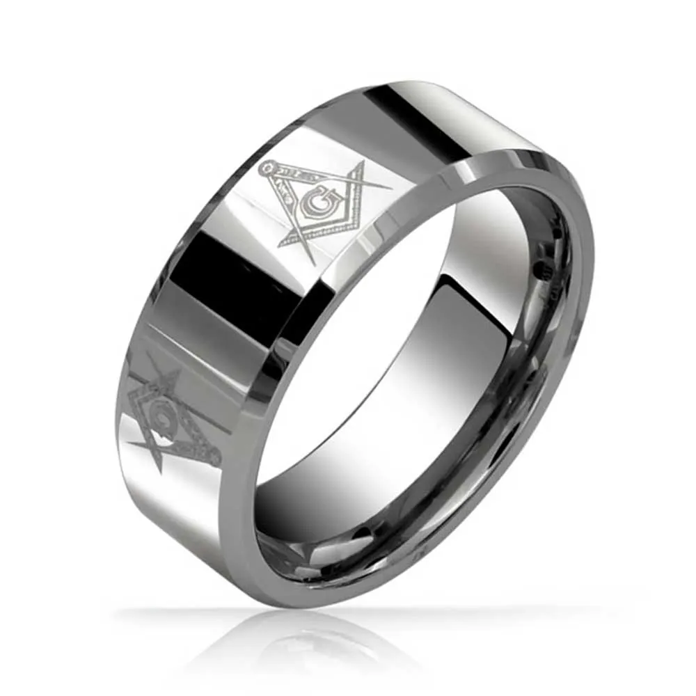 Square & Compass Freemason Tungsten Wedding Band Ring for Men Silver Tone Comfort Fit