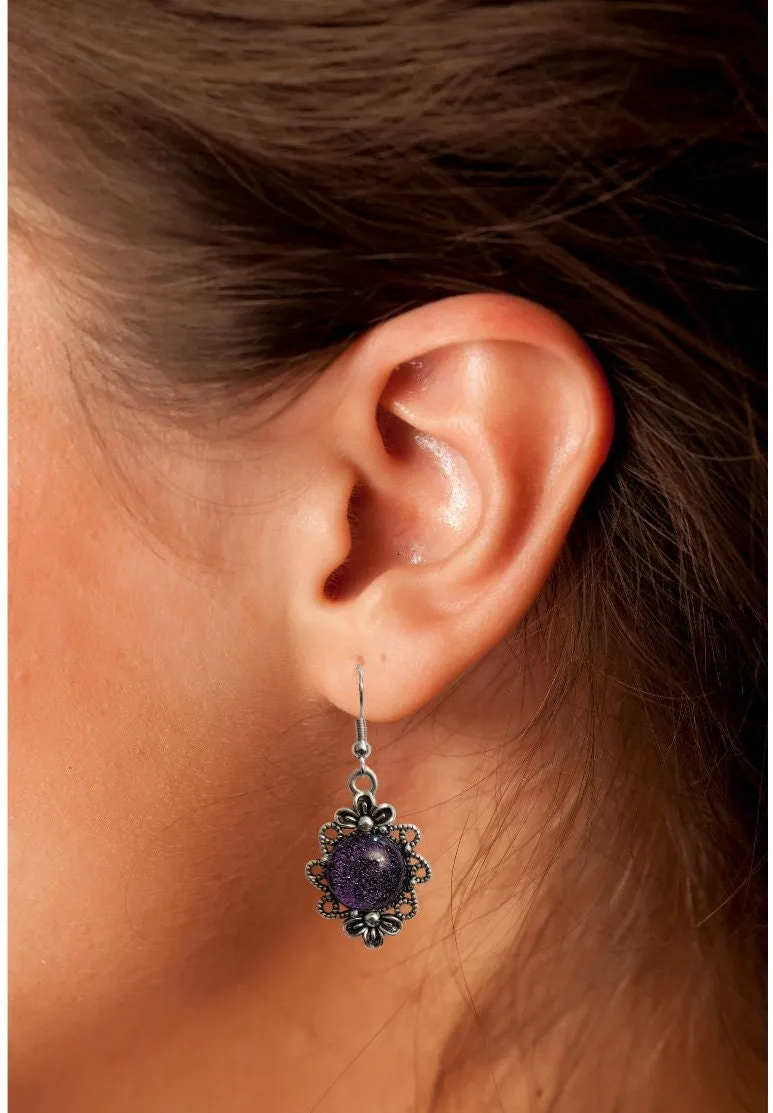 Stunning Handmade Silver Tone Flower Pierced Earrings with Color-Shifting Purple Dichroic Glass Stones