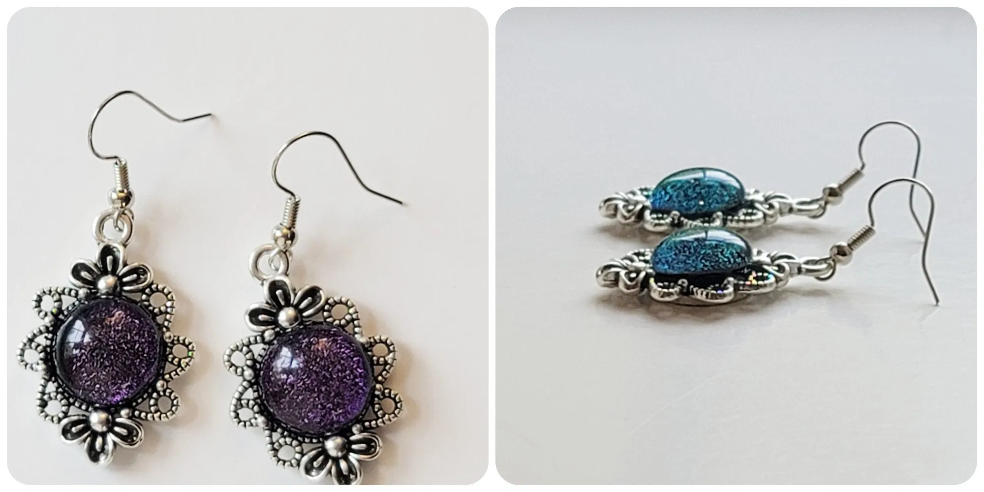 Stunning Handmade Silver Tone Flower Pierced Earrings with Color-Shifting Purple Dichroic Glass Stones