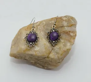 Stunning Handmade Silver Tone Flower Pierced Earrings with Color-Shifting Purple Dichroic Glass Stones