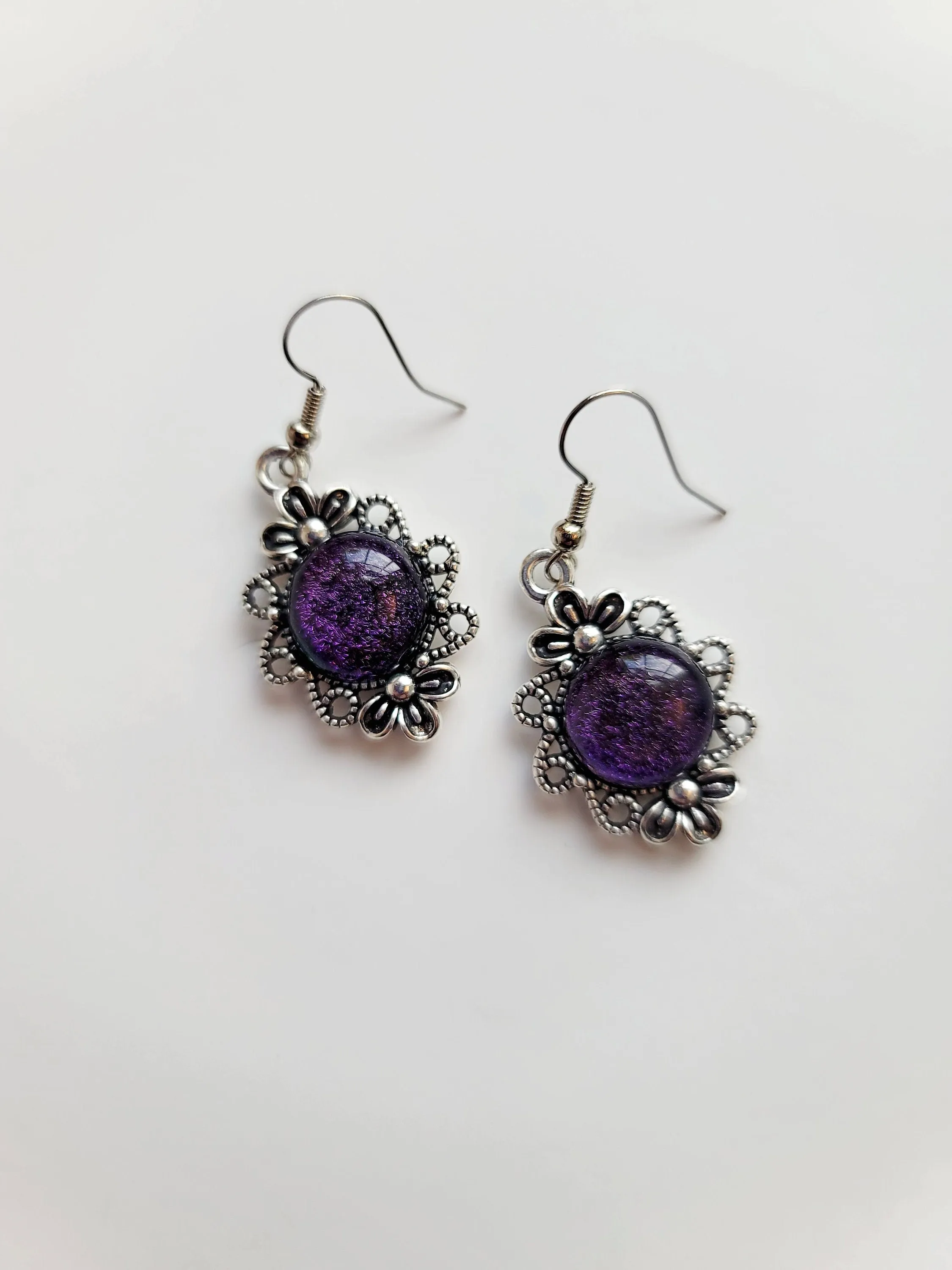 Stunning Handmade Silver Tone Flower Pierced Earrings with Color-Shifting Purple Dichroic Glass Stones