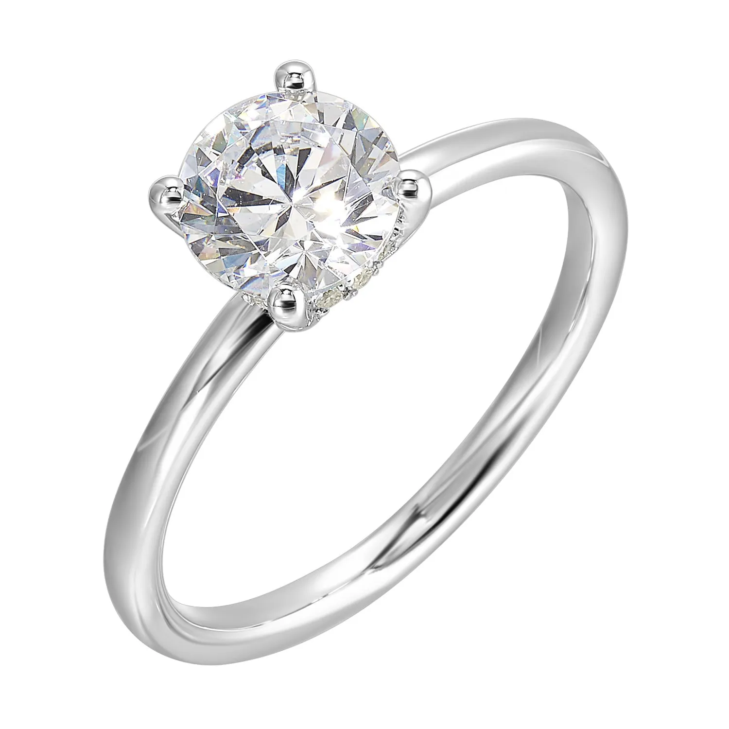 The dazzling solitare diamond take center stage. The petite band adds to the sleek, classic look.