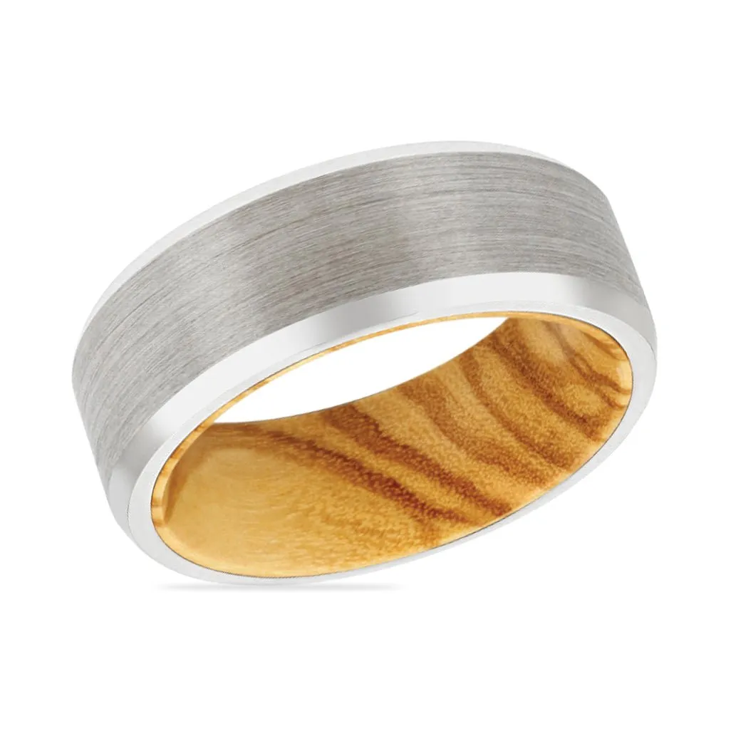 TOLDEN | Olive Wood, Silver Tungsten Ring, Brushed, Beveled