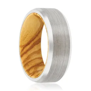 TOLDEN | Olive Wood, Silver Tungsten Ring, Brushed, Beveled