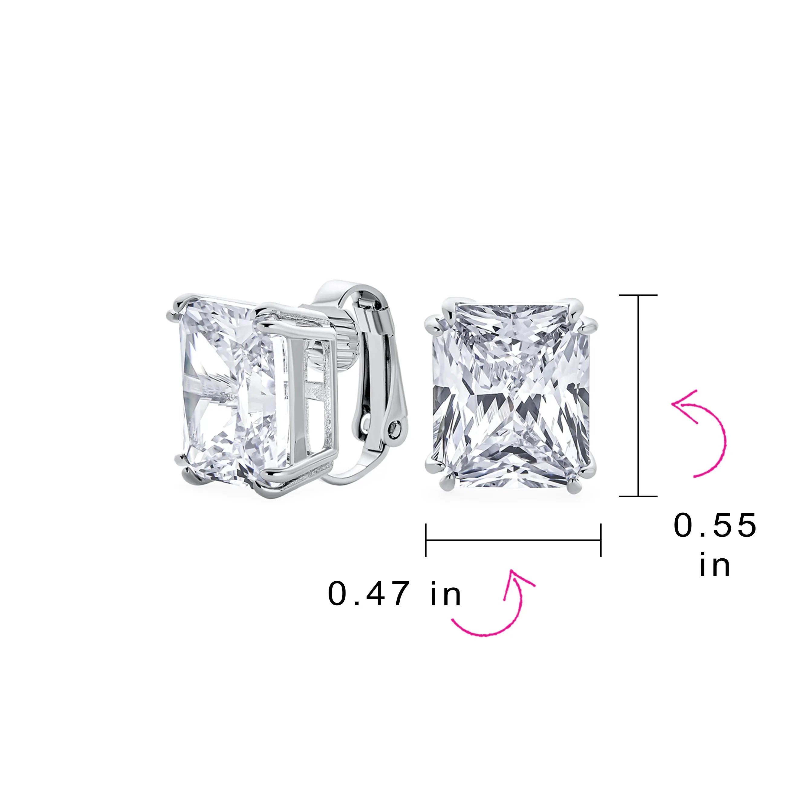 Traditional Large 7CT Emerald Cut CZ Clip-On Earrings Silver Plated Non-Pierced