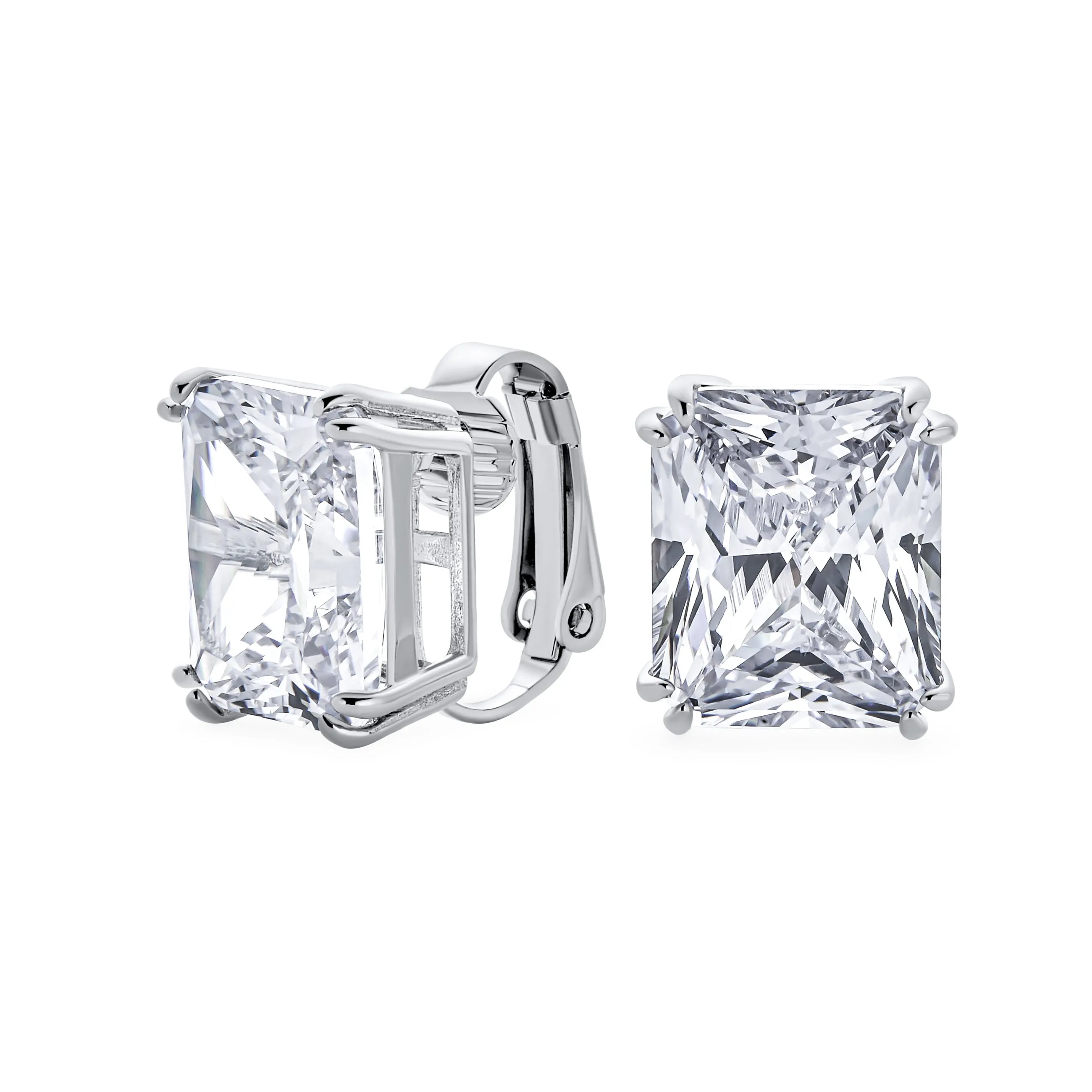 Traditional Large 7CT Emerald Cut CZ Clip-On Earrings Silver Plated Non-Pierced