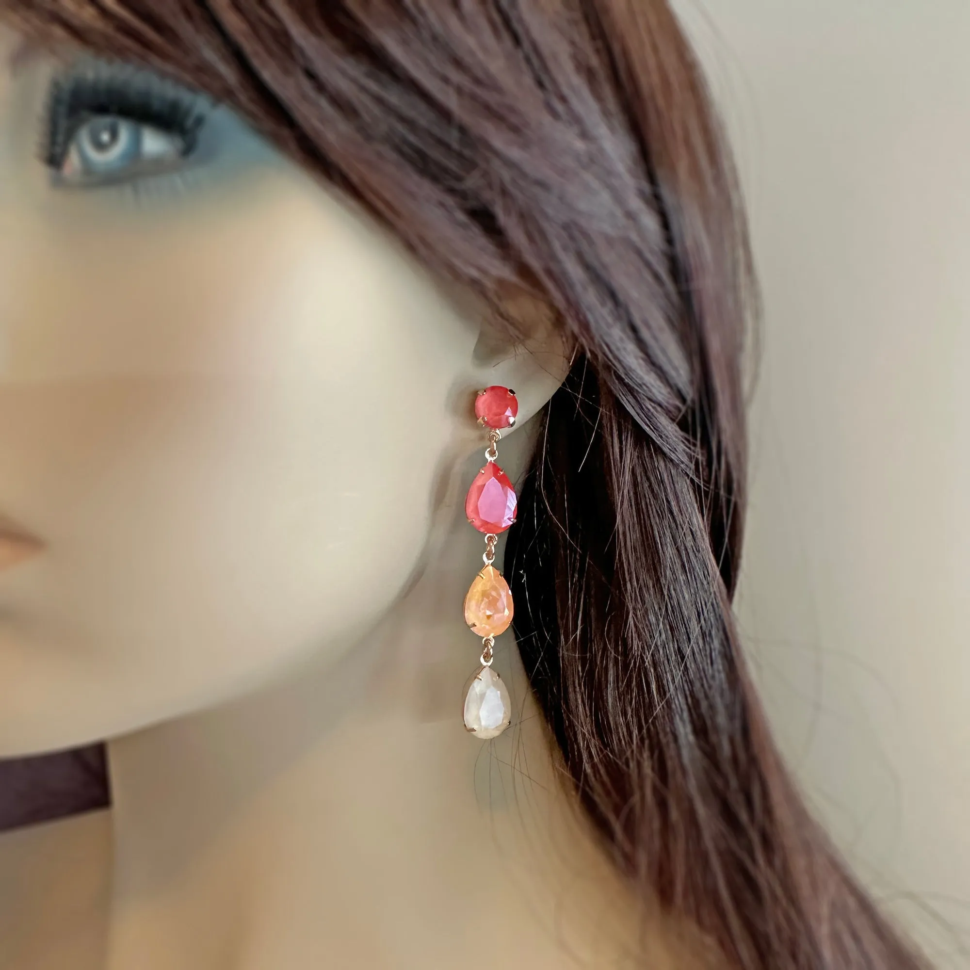 Triple Pear Long Post Earrings • Coral Ombre