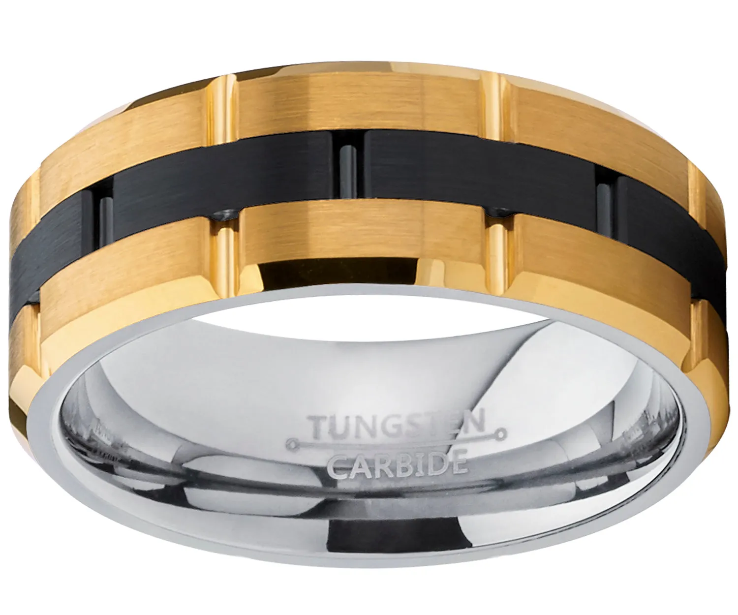 Tungsten Carbide Men's Black and GoldTone Brushed Grooved Wedding Band Engagement Ring, Comfort Fit 8mm