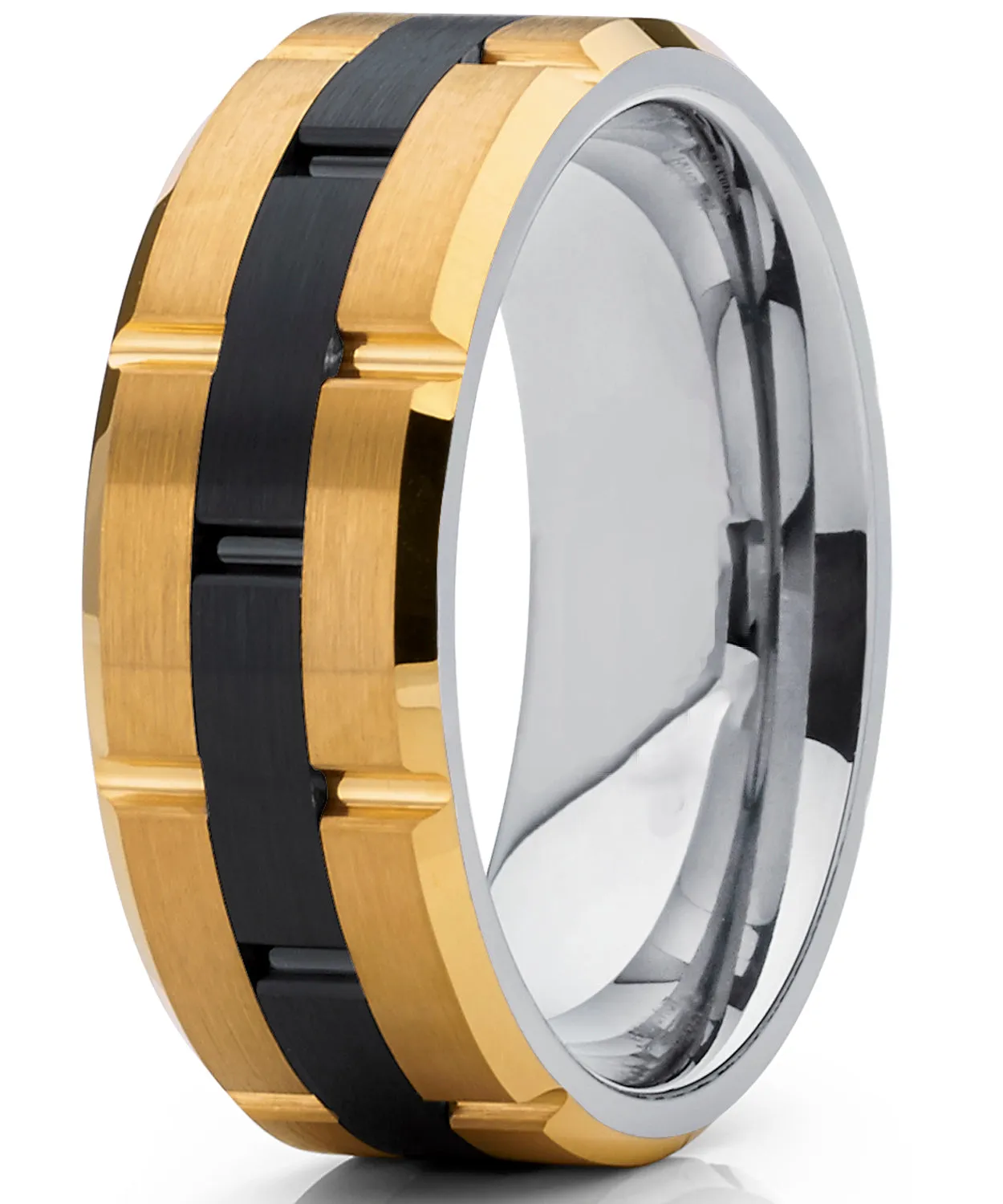 Tungsten Carbide Men's Black and GoldTone Brushed Grooved Wedding Band Engagement Ring, Comfort Fit 8mm