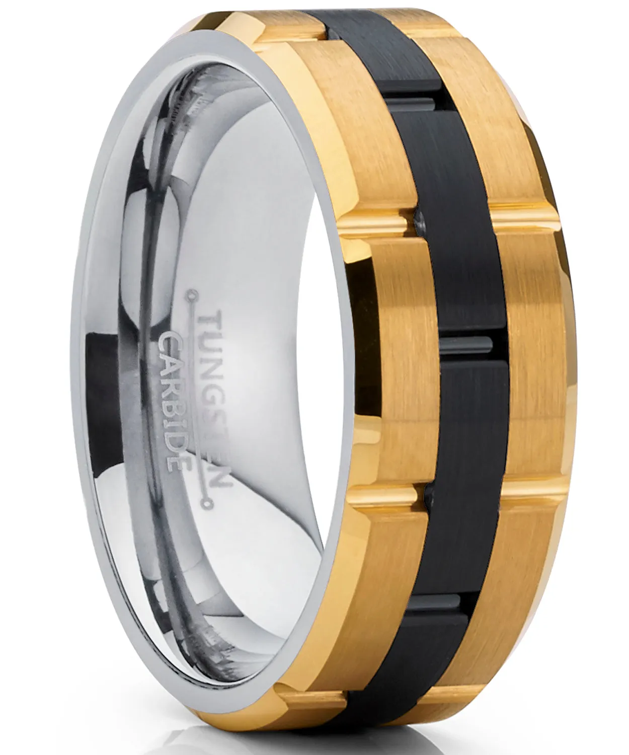 Tungsten Carbide Men's Black and GoldTone Brushed Grooved Wedding Band Engagement Ring, Comfort Fit 8mm