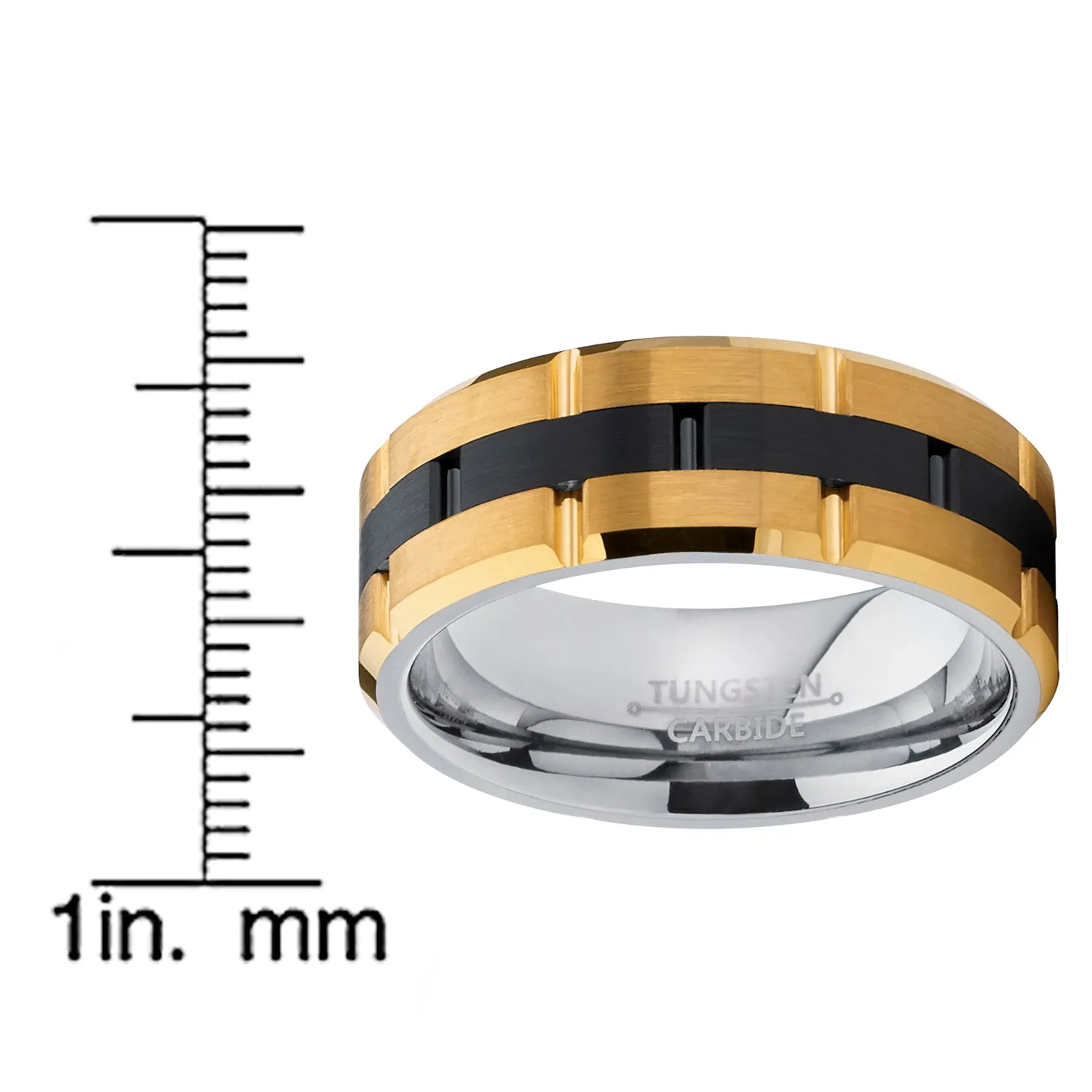 Tungsten Carbide Men's Black and GoldTone Brushed Grooved Wedding Band Engagement Ring, Comfort Fit 8mm