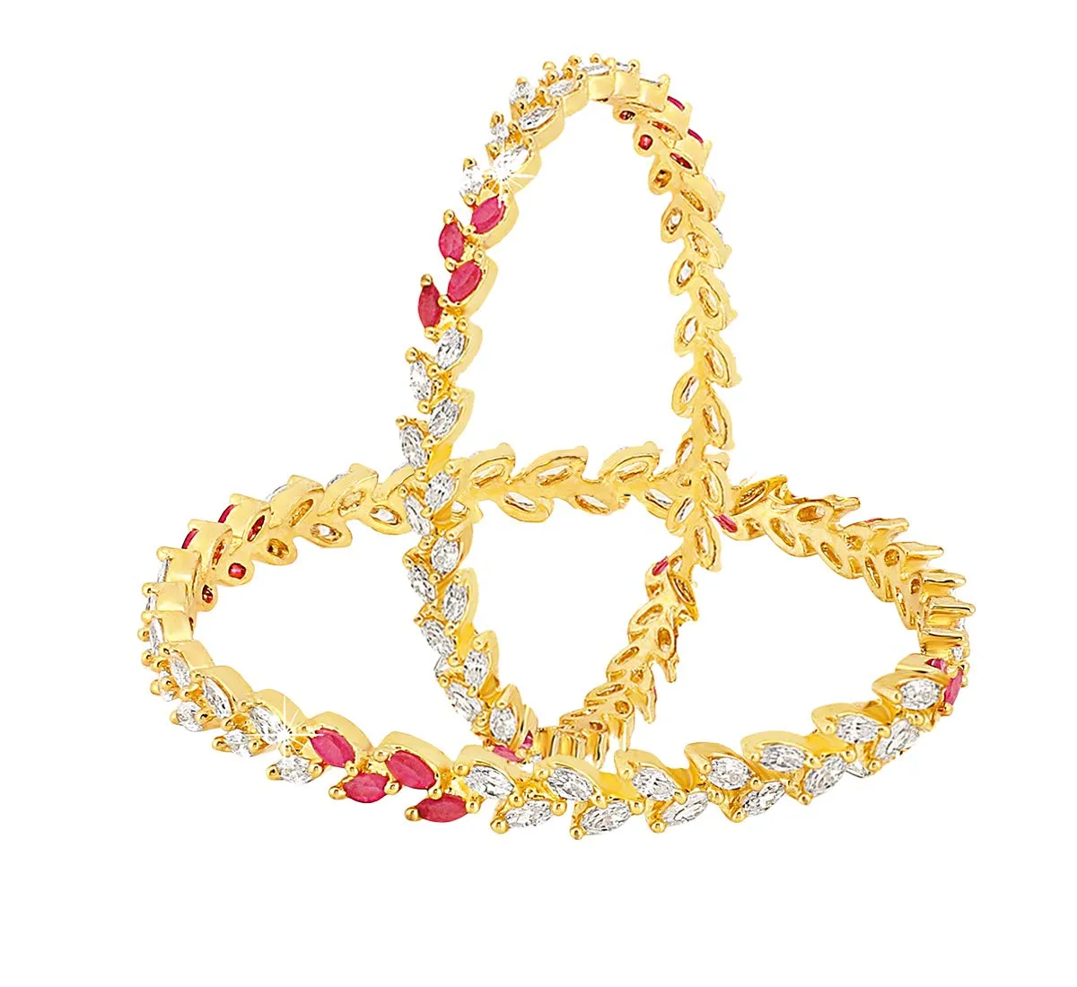 Yellow Chimes A5 Grade AD Crystal 18k Gold Plated Sparkling Designer Leaf 2 Pc Traditional Bangles Set for Women (28)