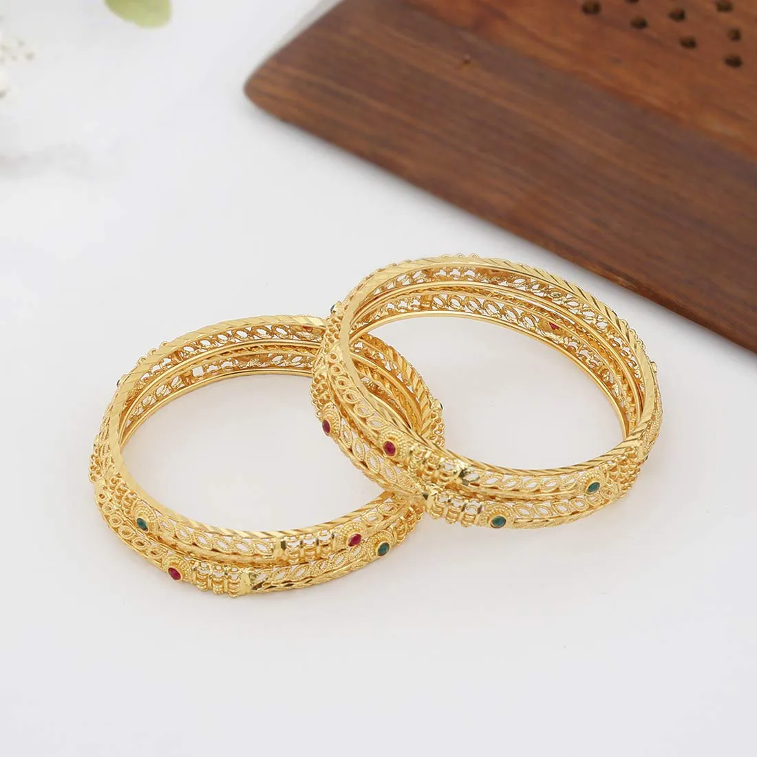 Yellow Chimes Classic Design Ethnic Look Studded Stones 4 PCs Traditional Gold Plated Bangles Set for Women and Girls (2.6)