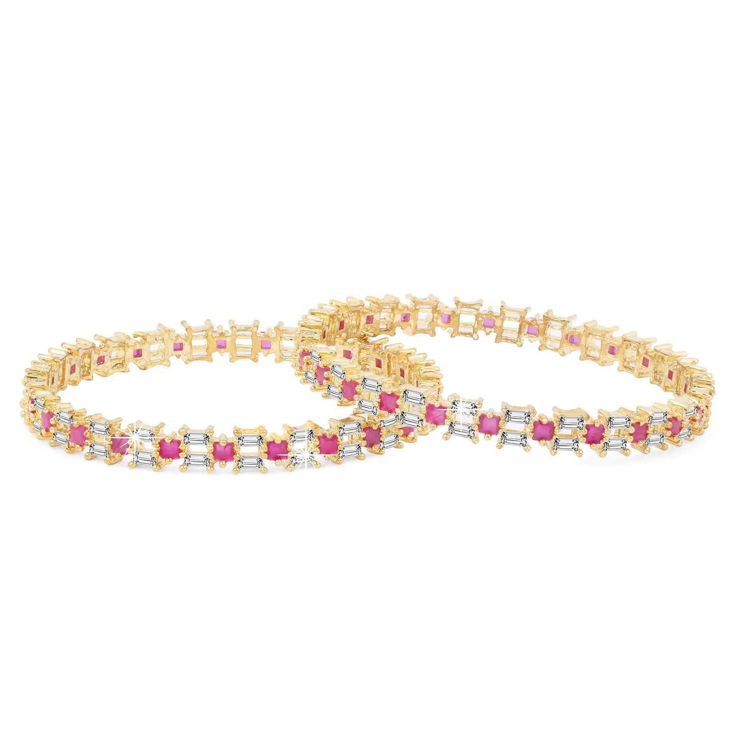 Yellow Chimes Elegant Set of 2 Pcs Pink AD/American Diamond Studded 18k Gold Plated Handcrafted Designer Bangles for Women & Girls (2.4)